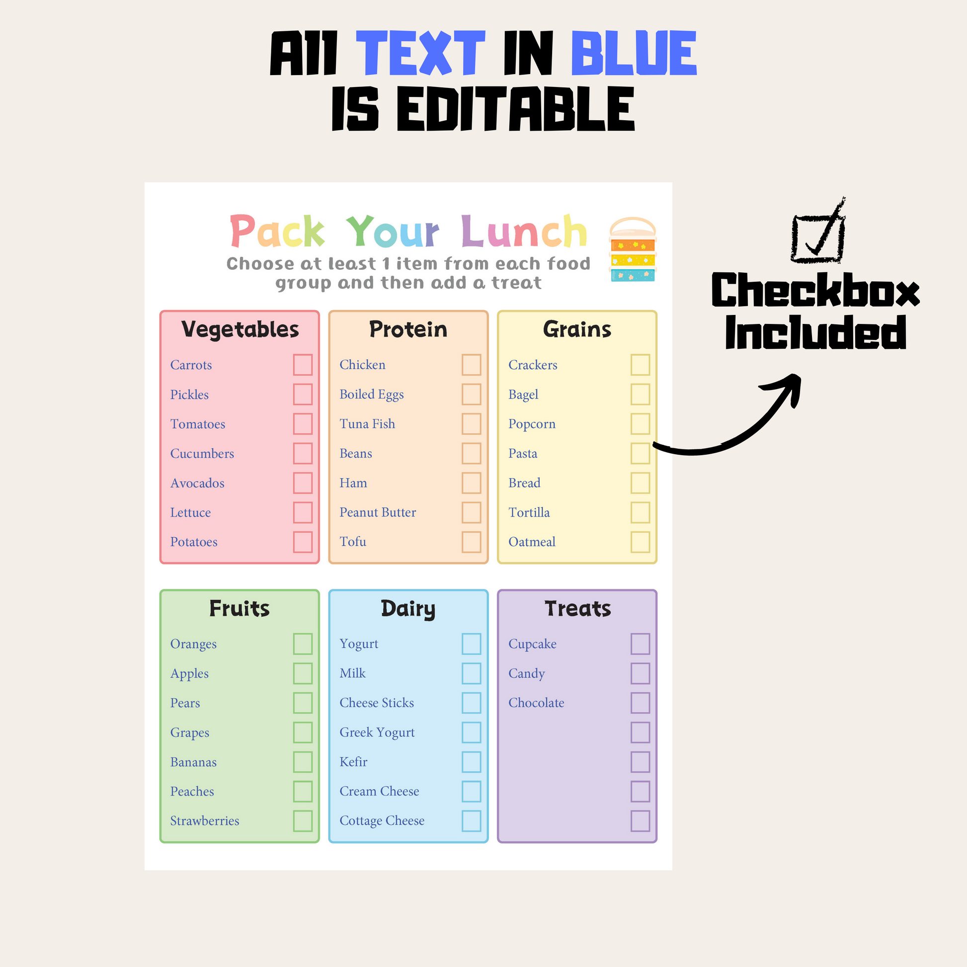Editable Pack Lunchbox Checklist 1: Rainbow Color Editable Demo Display