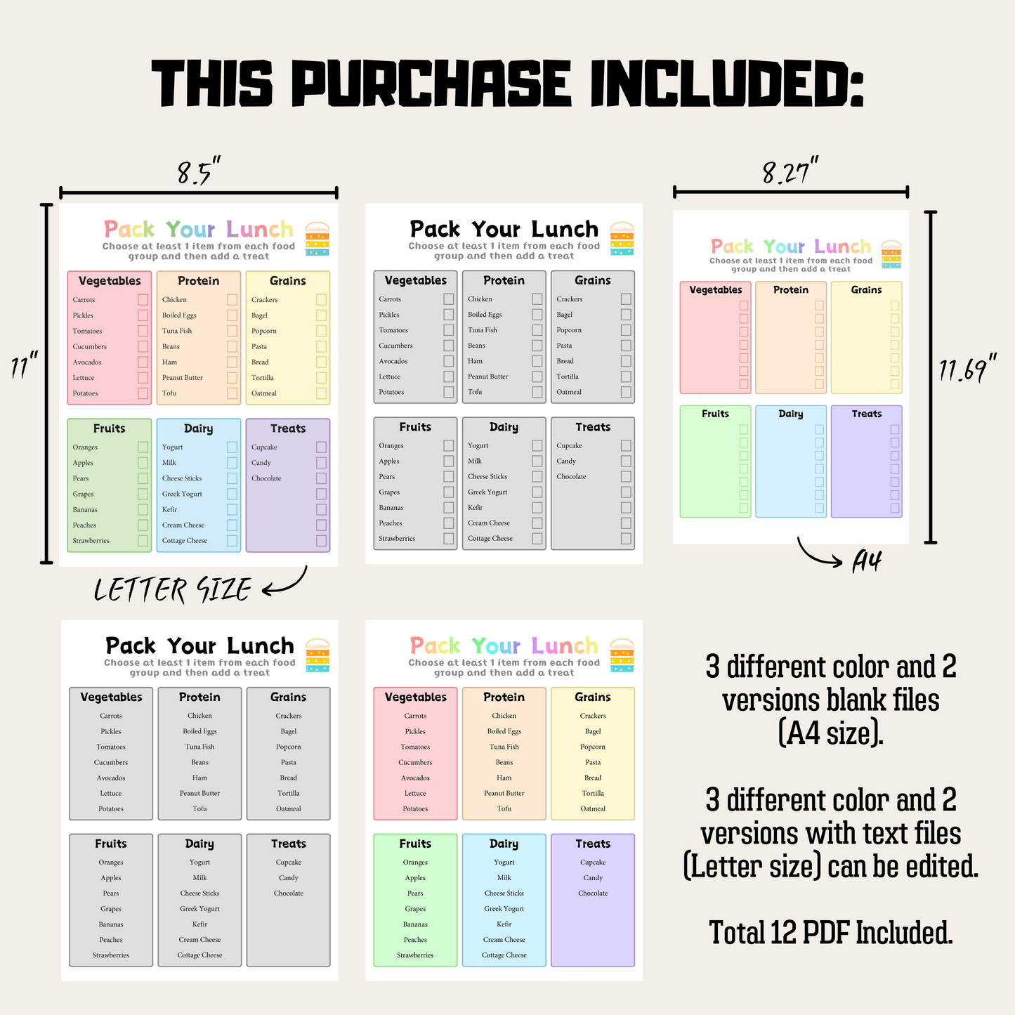 Editable Pack Lunchbox Checklist 1: Rainbow Color Product Information Details And Print Out Size Demo