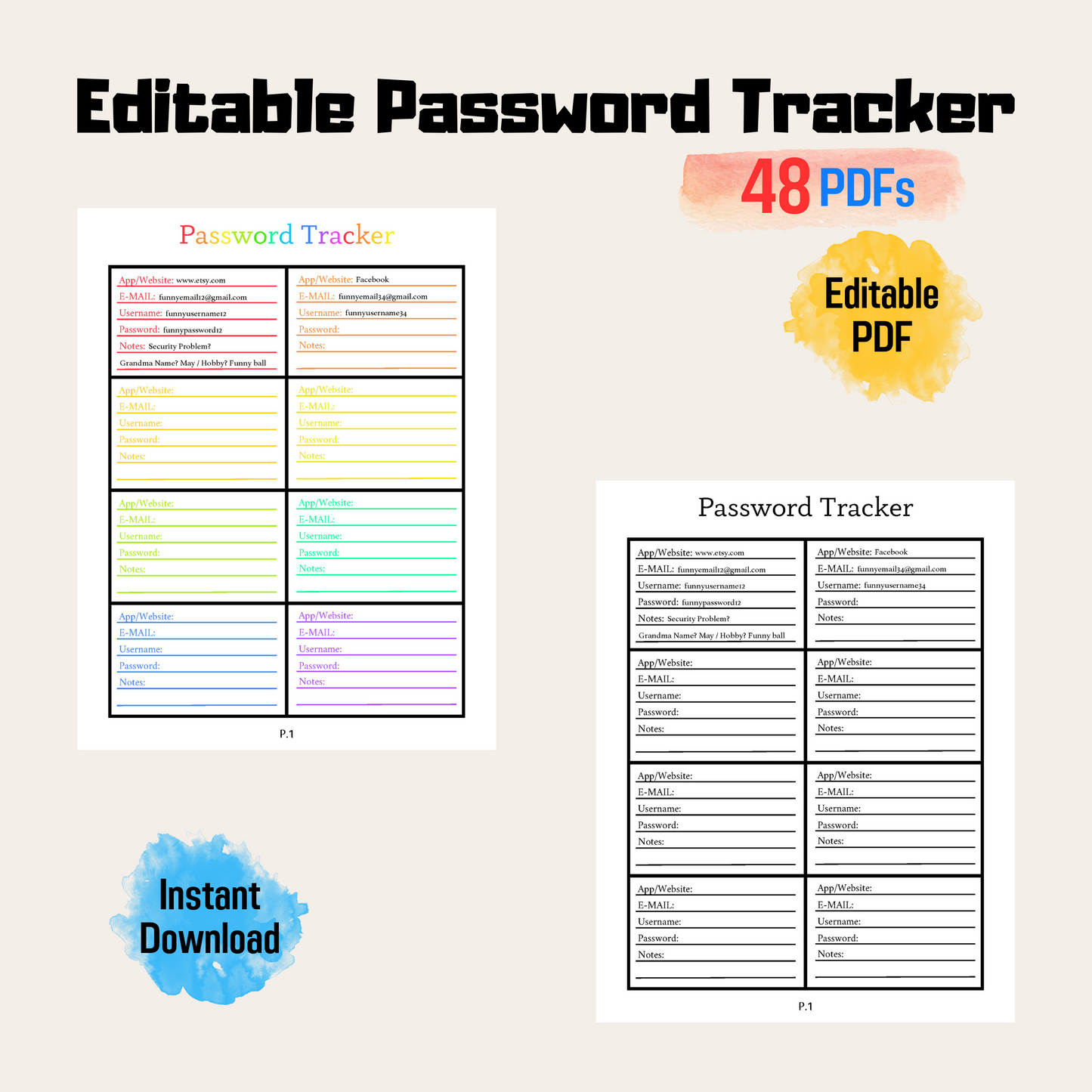 Editable Password Tracker 2: Rainbow Color