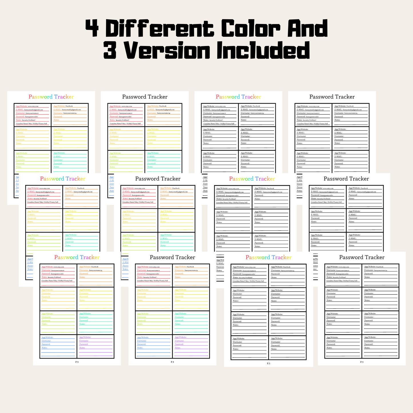 Editable Password Tracker 2: Rainbow Color 4 Different Color and 3 Versions Included