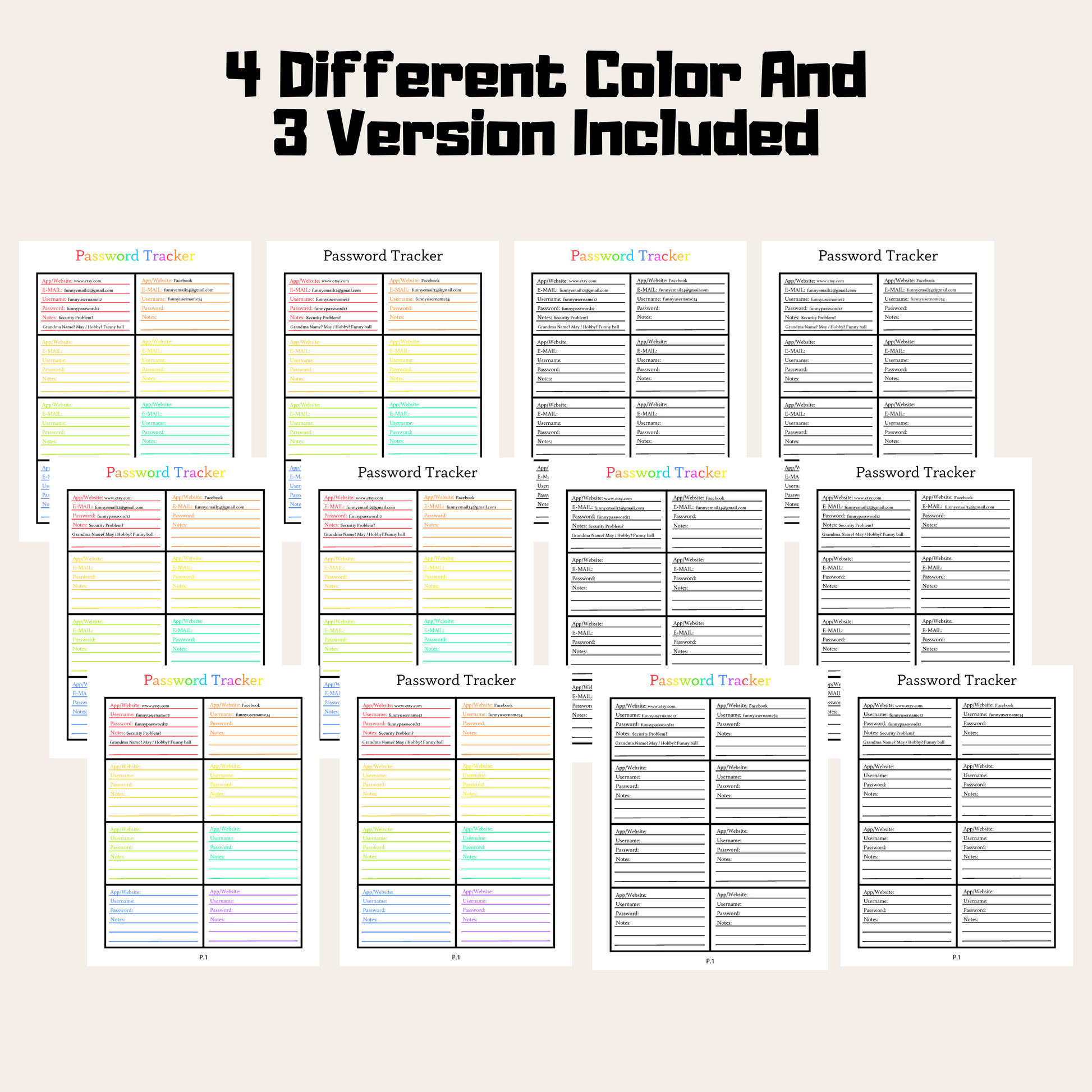 Editable Password Tracker 2: Rainbow Color 4 Different Color and 3 Versions Included