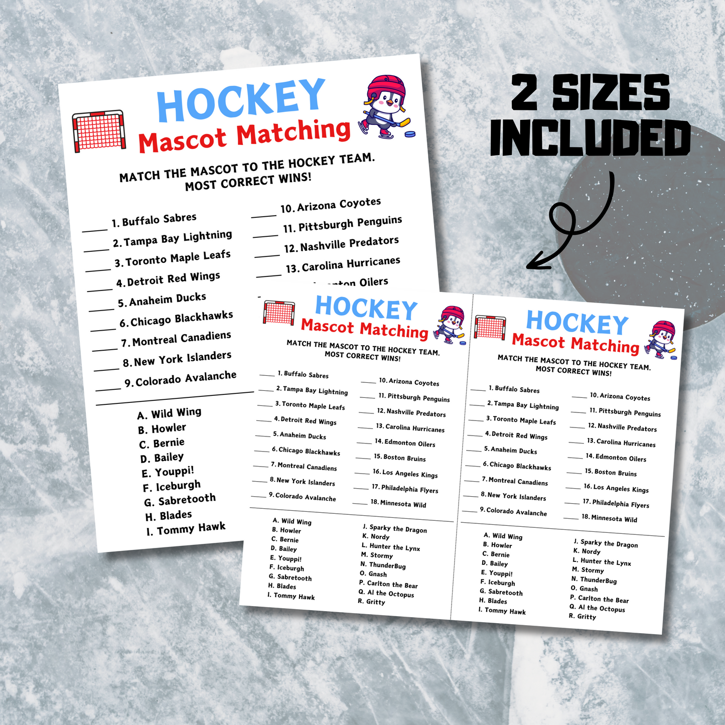 Hockey Mascot Matching Game | Printable Hockey Trivia Game