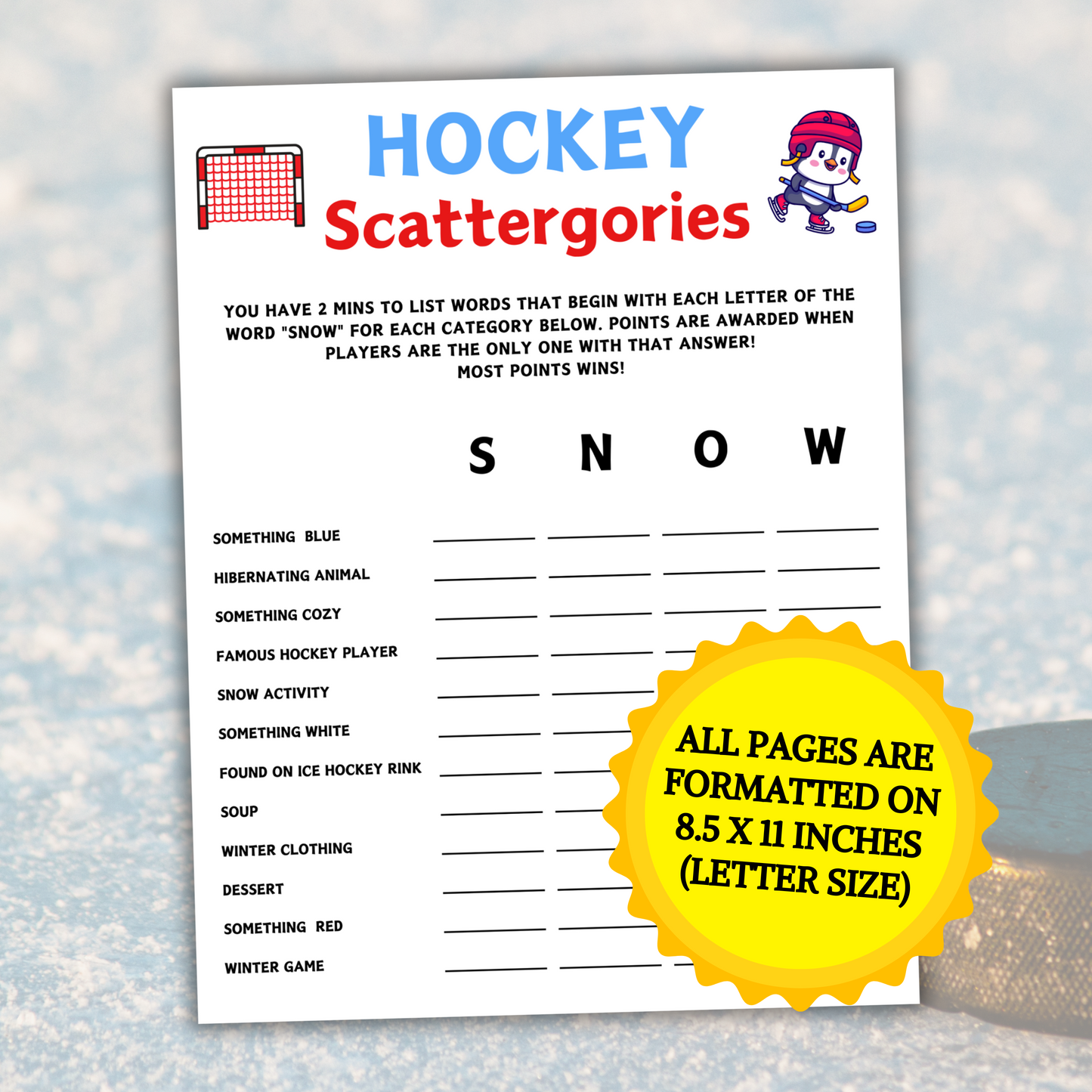 Hockey Scattergories Game | Minimalist Hockey Party Think Fast Game