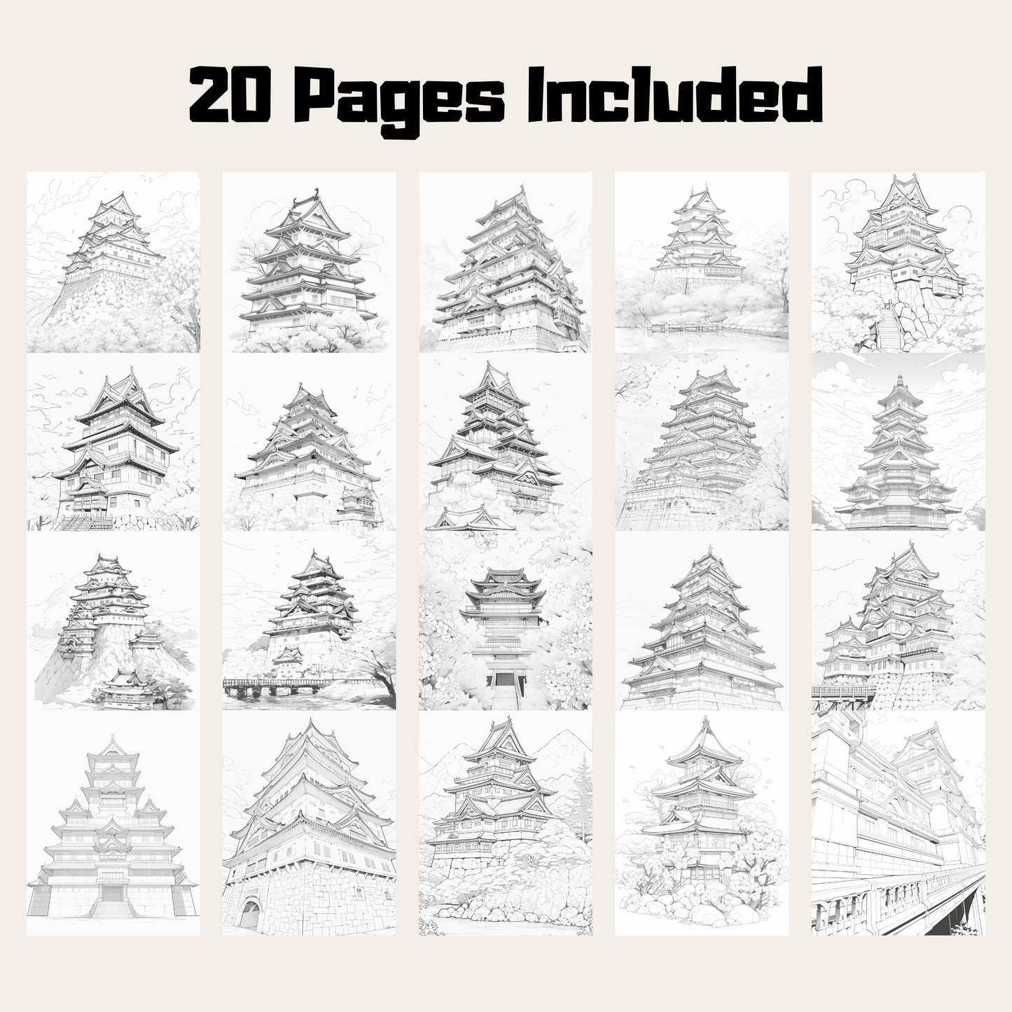 Japan Castle Coloring Book, 20 Pages of Beautiful Castles in Japan for Relaxation and Fun