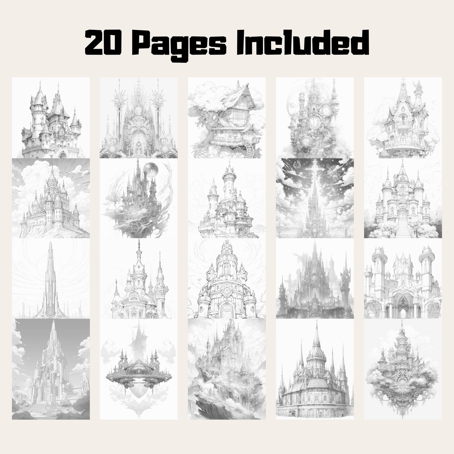 20 Pages Magic Castle Coloring Book, Fun and Educational Activity for Children