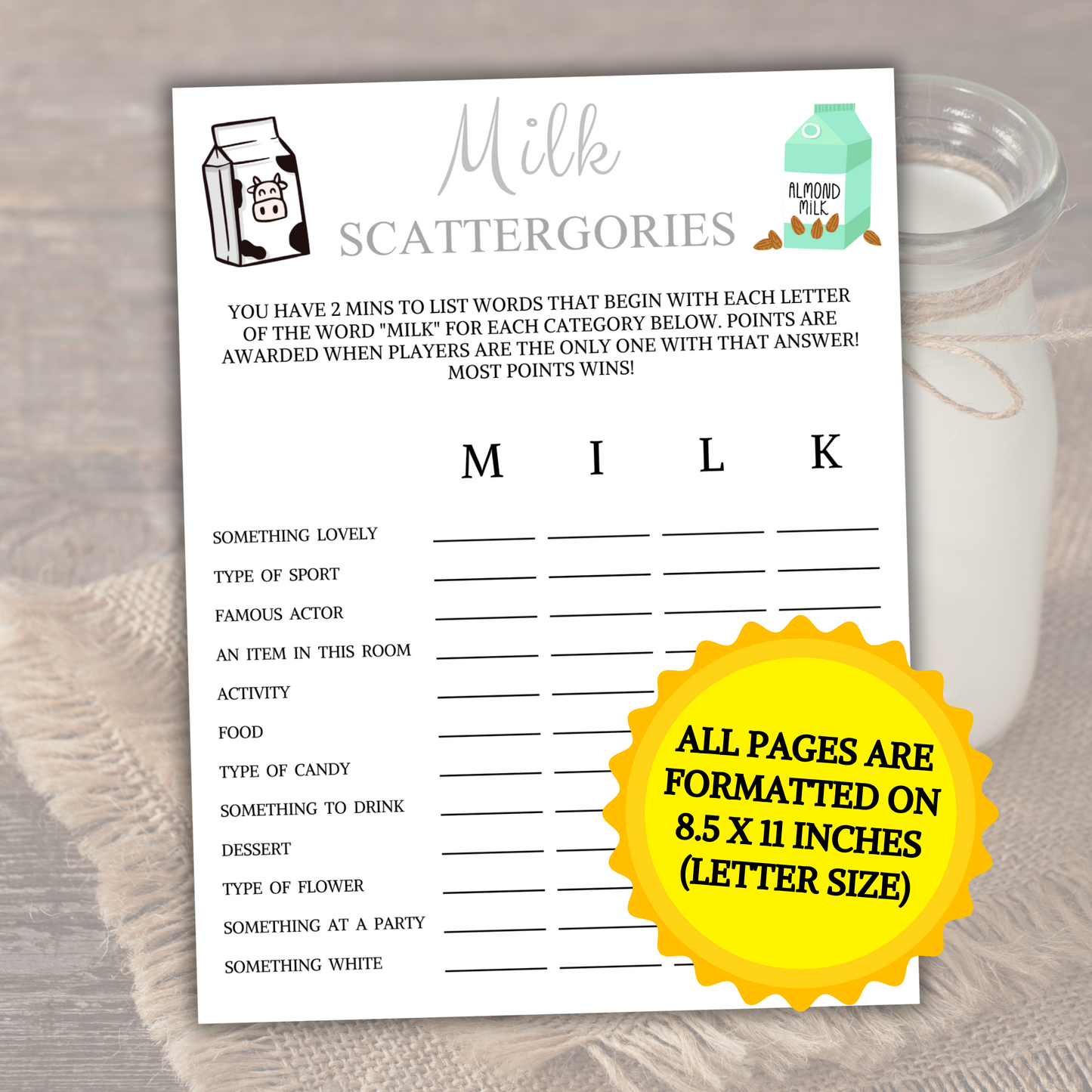 Milk Scattergories Game | Minimalist Milk Think Fast Game