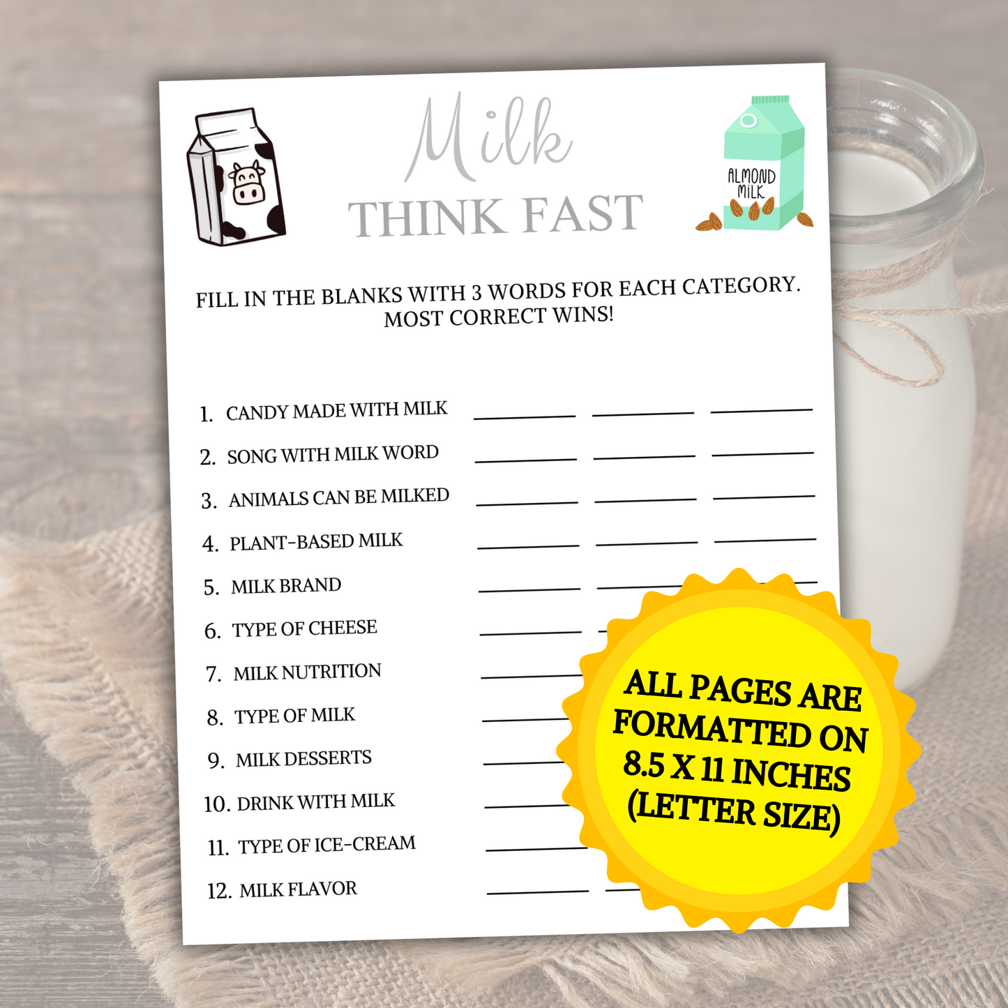 Milk Think Fast Game | Minimalist Milk Trivia Game
