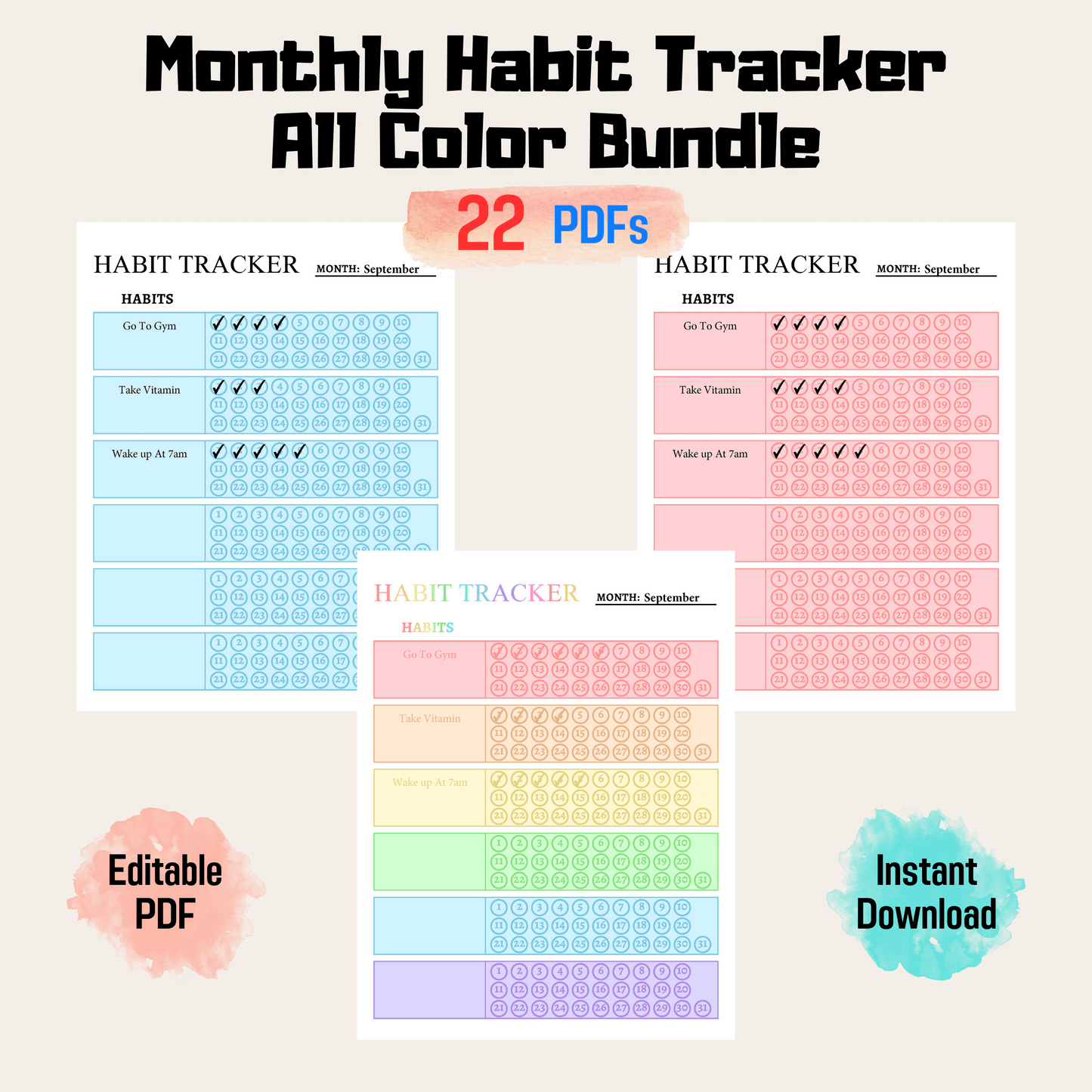 Monthly Habit Tracker Rainbow Color Printable, Habit Tracker Template, Digital Habit Tracker, 30 Day Habit Challenge, Routine Tracker PDF