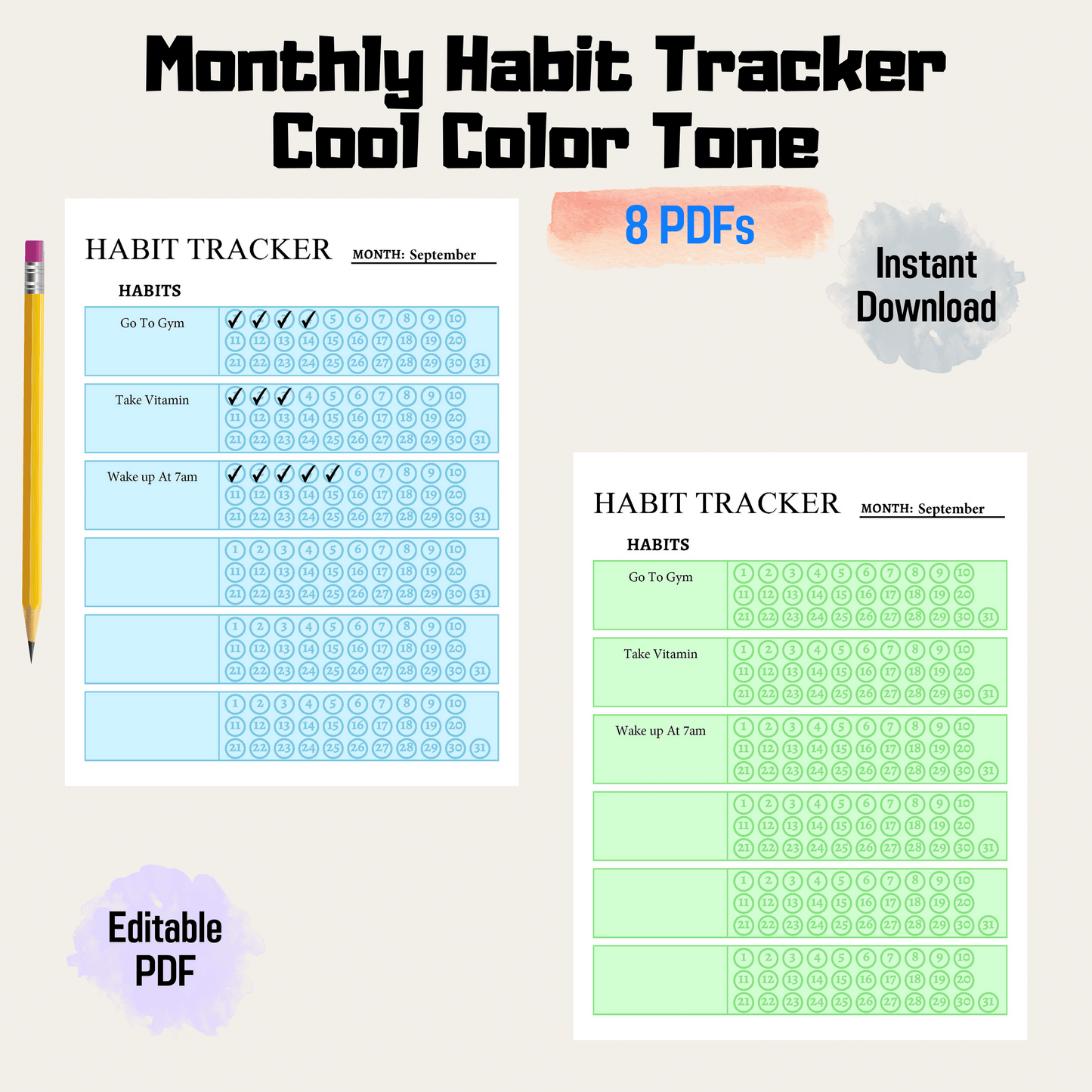 Monthly Habit Tracker Rainbow Color Printable, Habit Tracker Template, Digital Habit Tracker, 30 Day Habit Challenge, Routine Tracker PDF