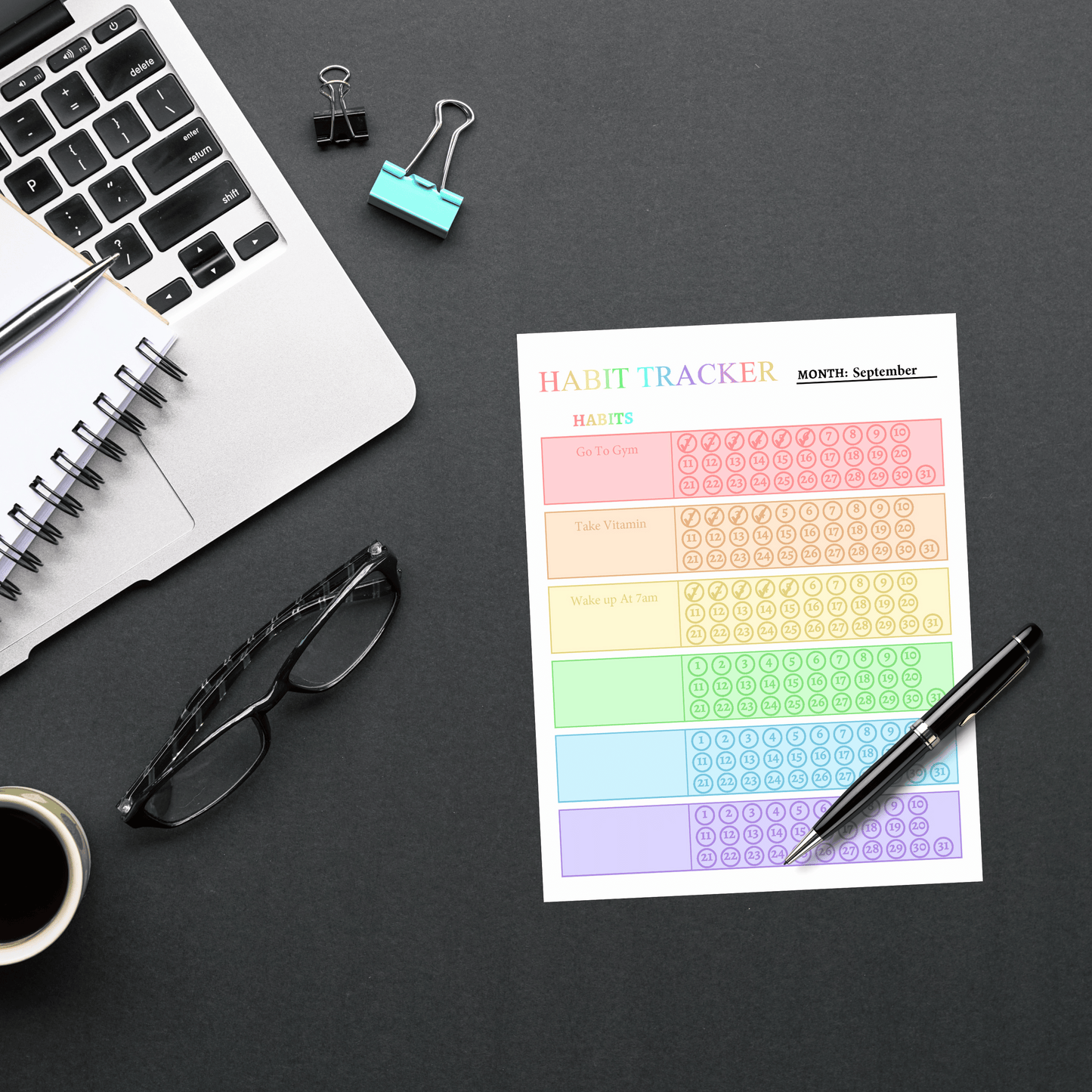 Monthly Habit Tracker 1: Rainbow Color Print Out Demo