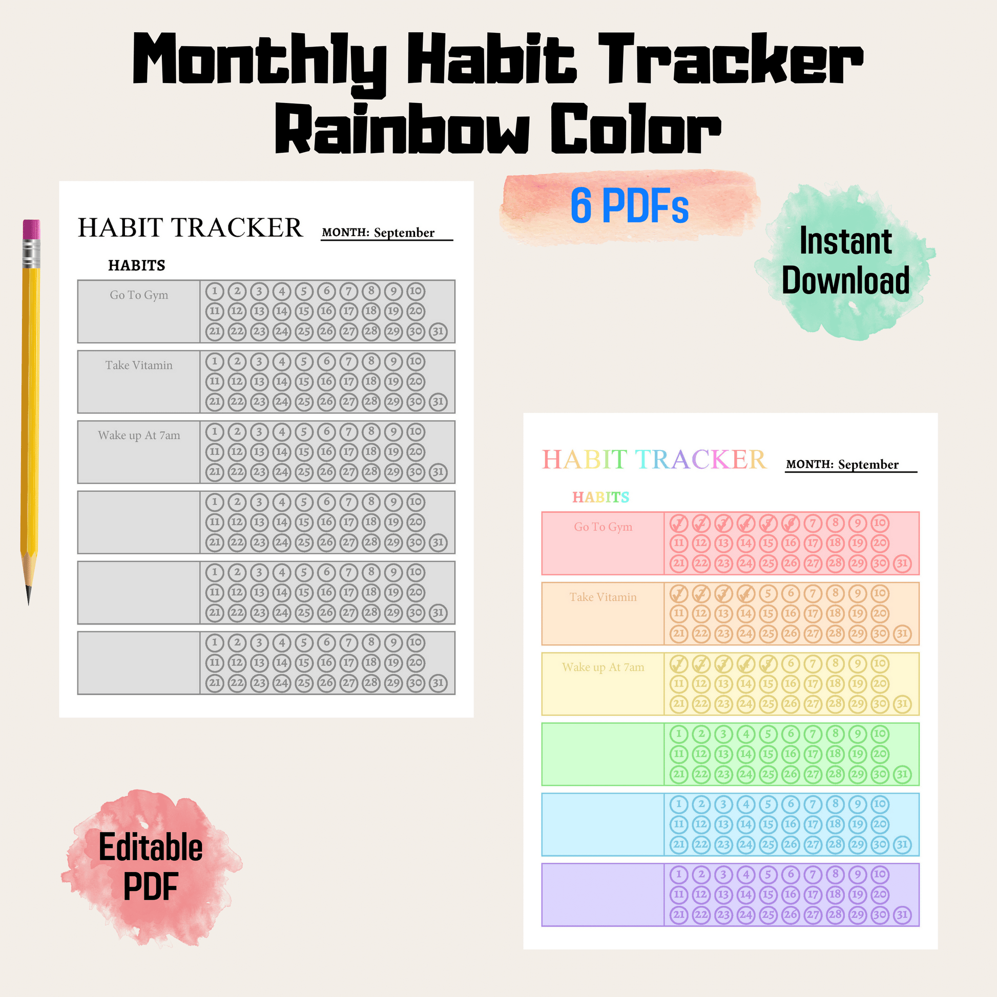 Monthly Habit Tracker 1: Rainbow Color