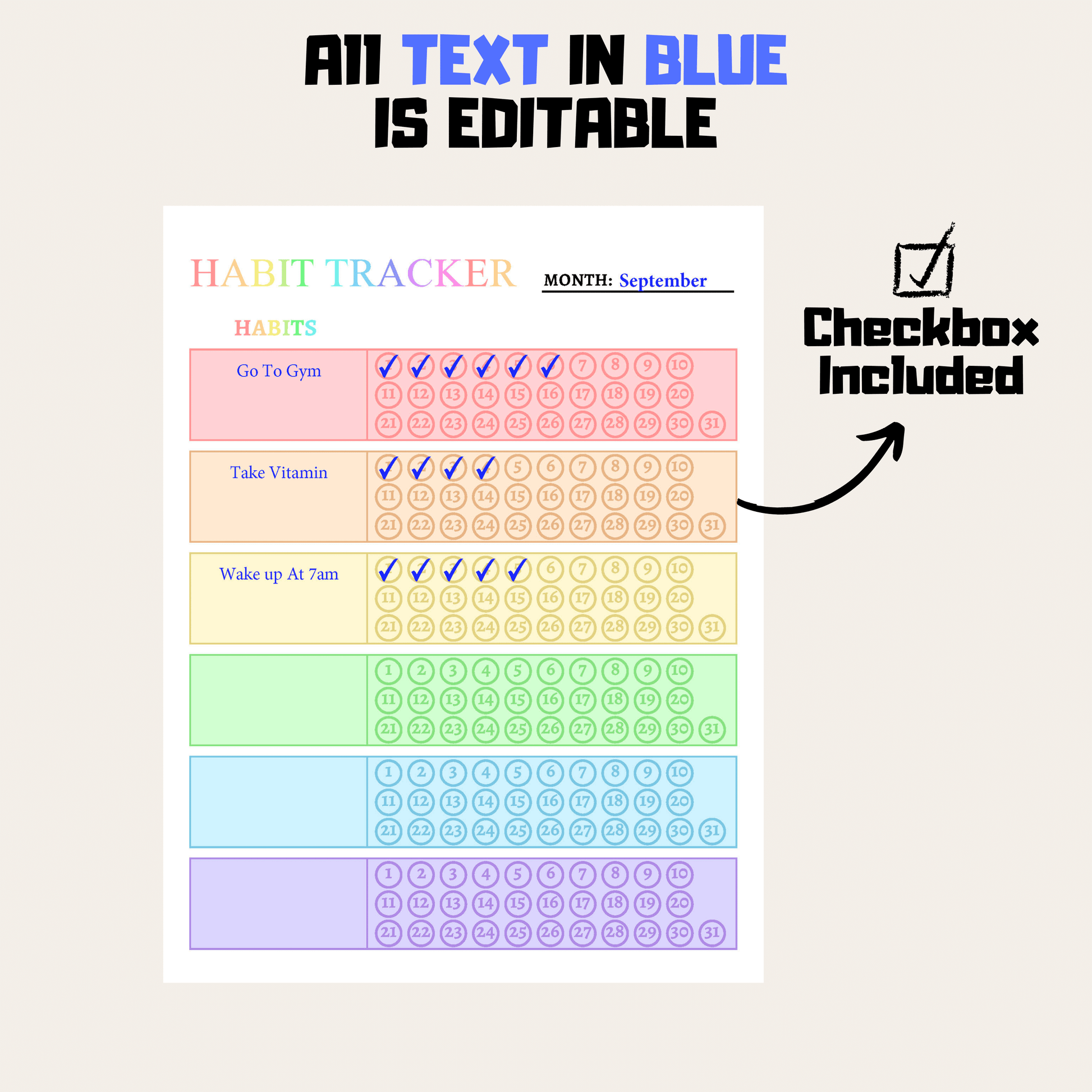 Monthly Habit Tracker 1: Rainbow Color Editable Demo Display