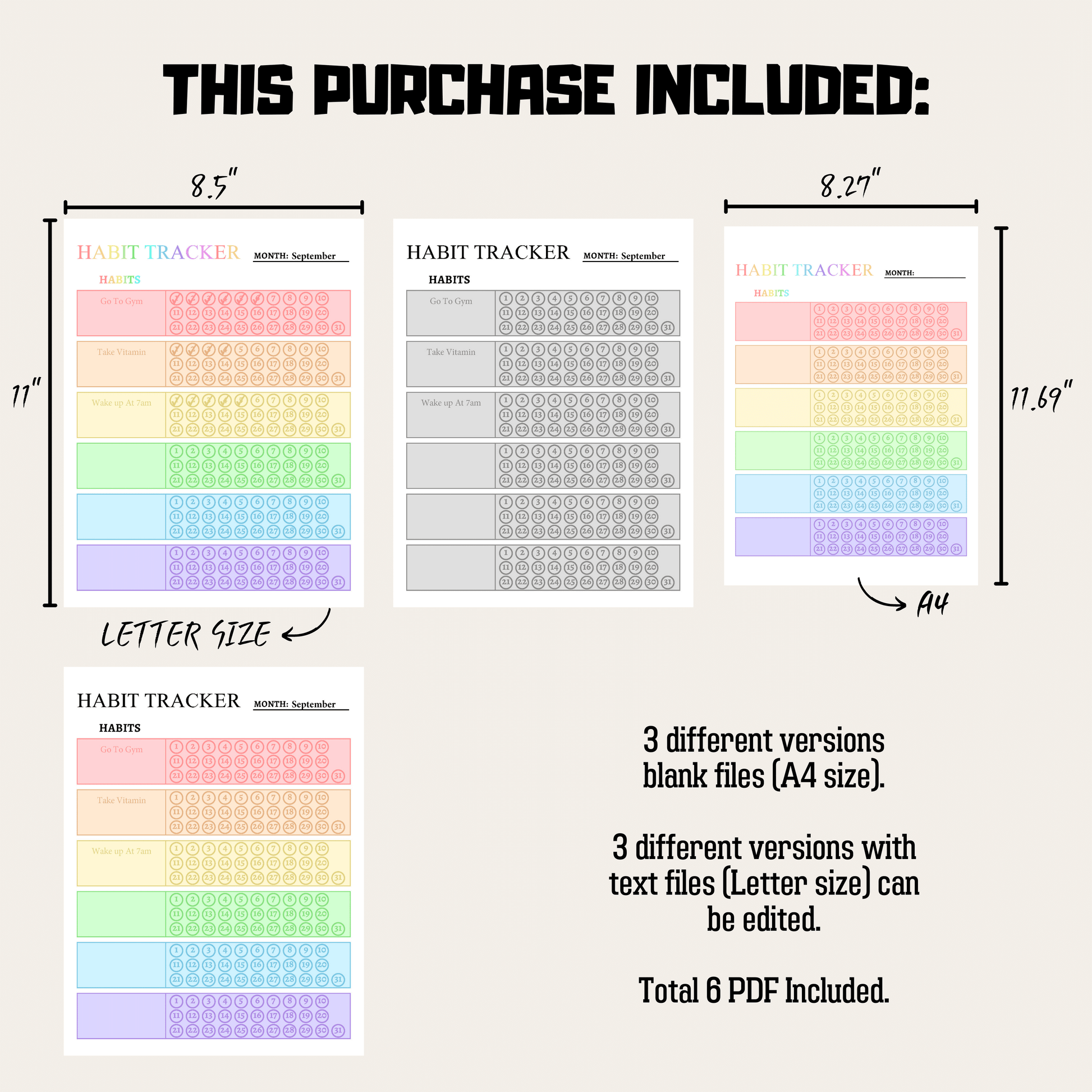 Monthly Habit Tracker 1: Rainbow Color Product Information Details And Print Out Size Demo