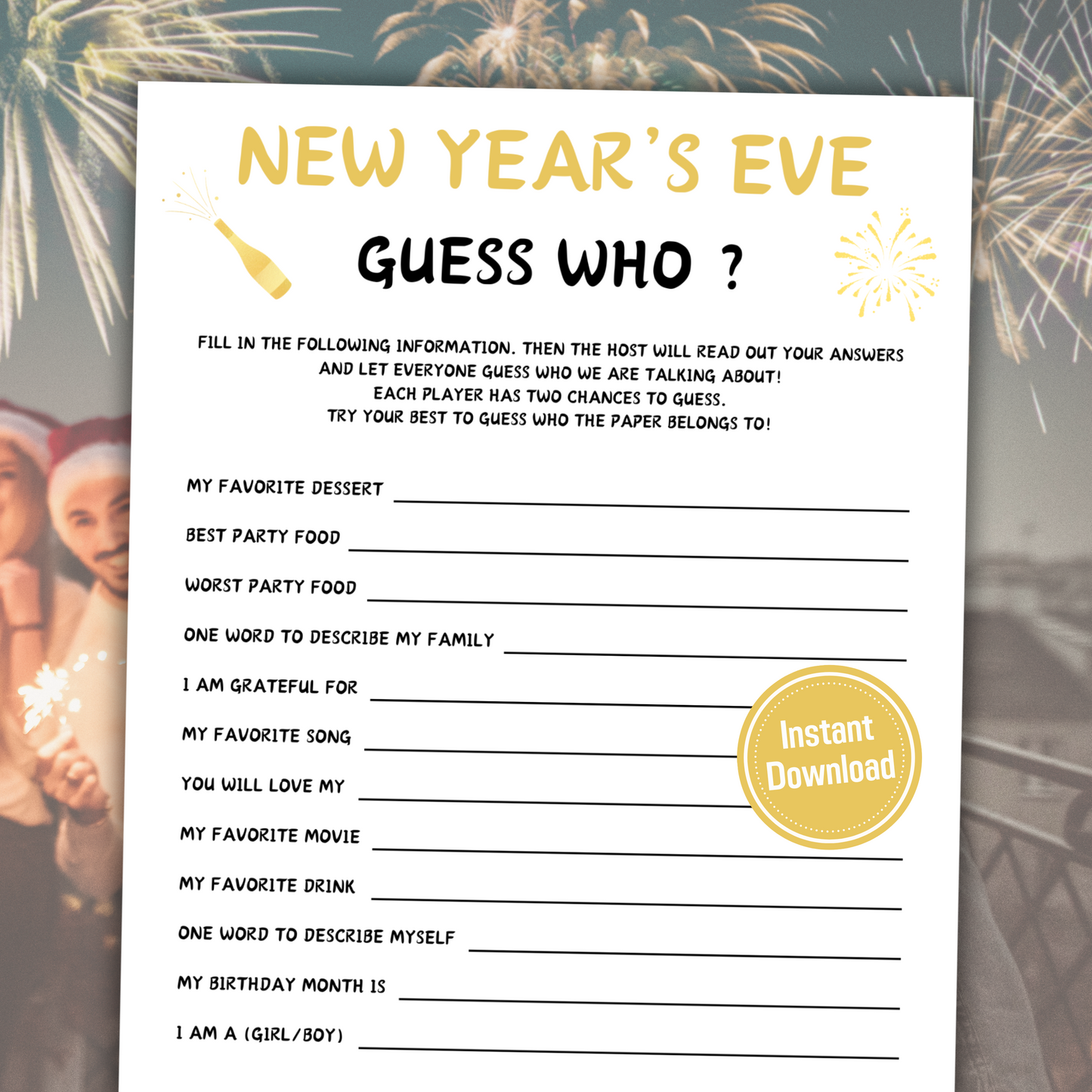 New Year's Eve Guess Who Game | New Years Who Am I Game