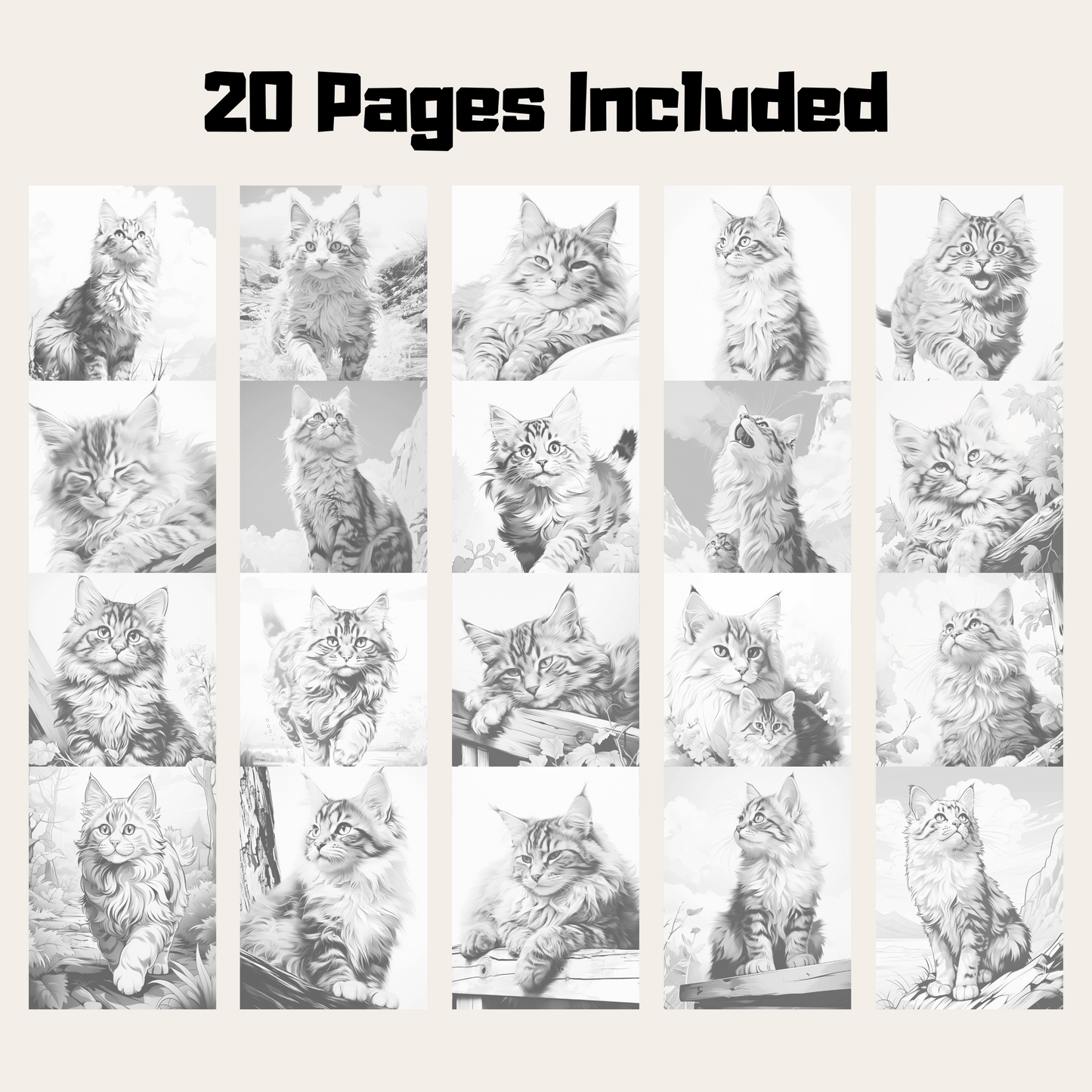 Realistic American Bobtail Coloring Book, 20 American Bobtail Grayscale Coloring Pages