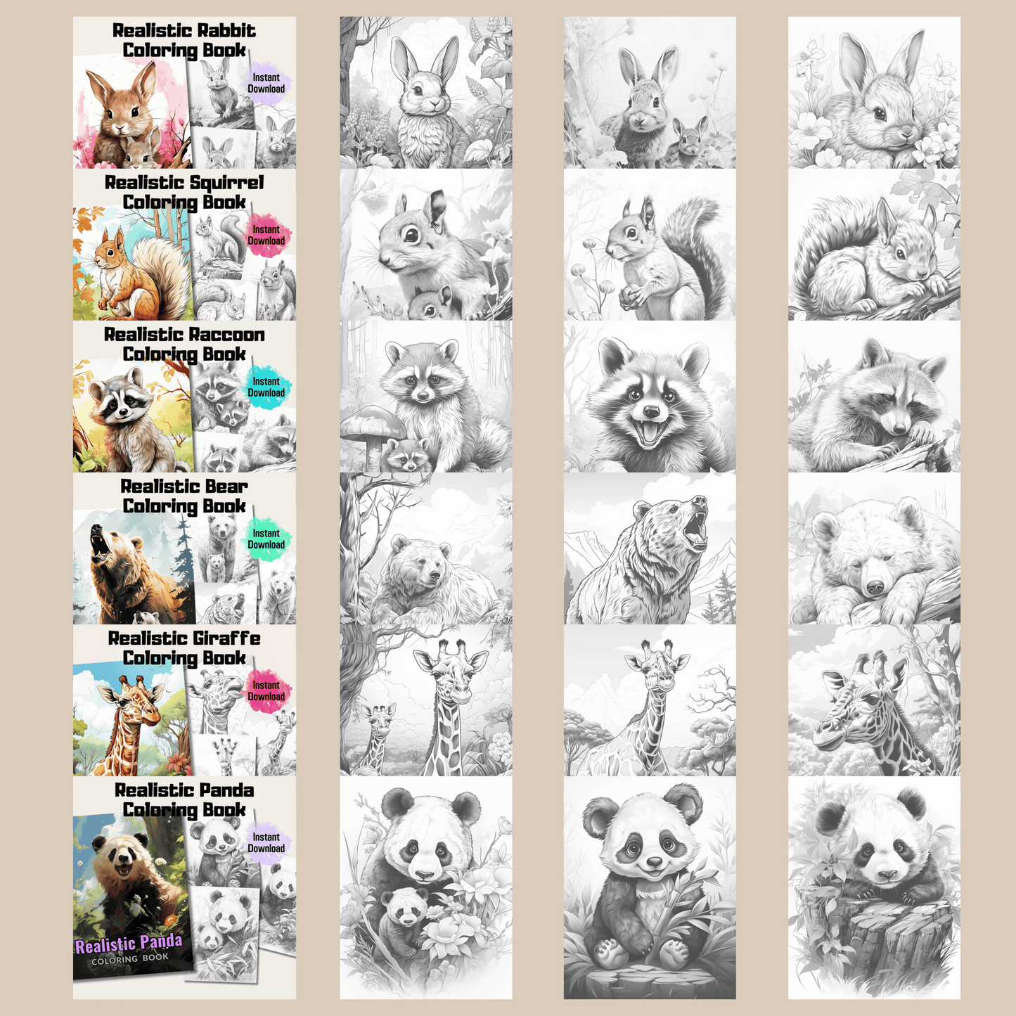 Realistic Animals Coloring Book Bundle 2: Animals 200 Pages Included
