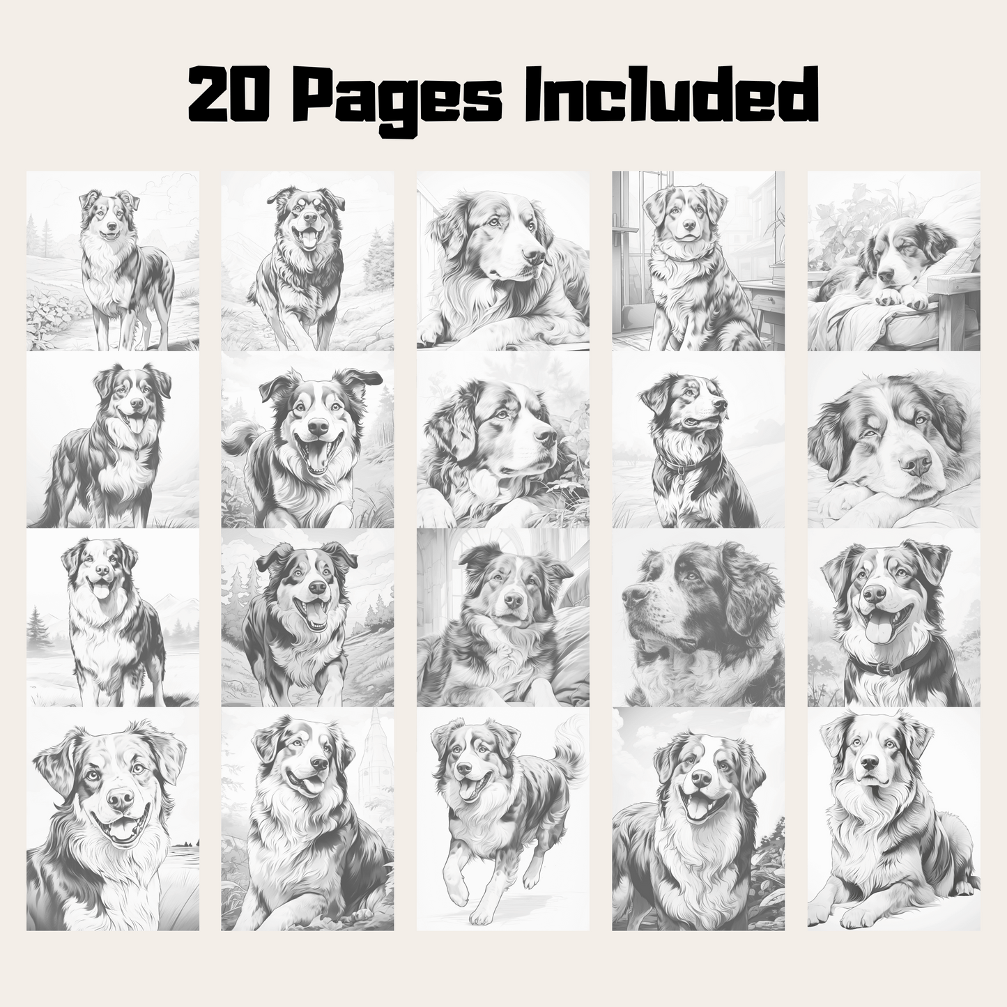 Realistic Berner Sennenhund Coloring Book, 20 Bernese Mountain Dog Grayscale Coloring Pages