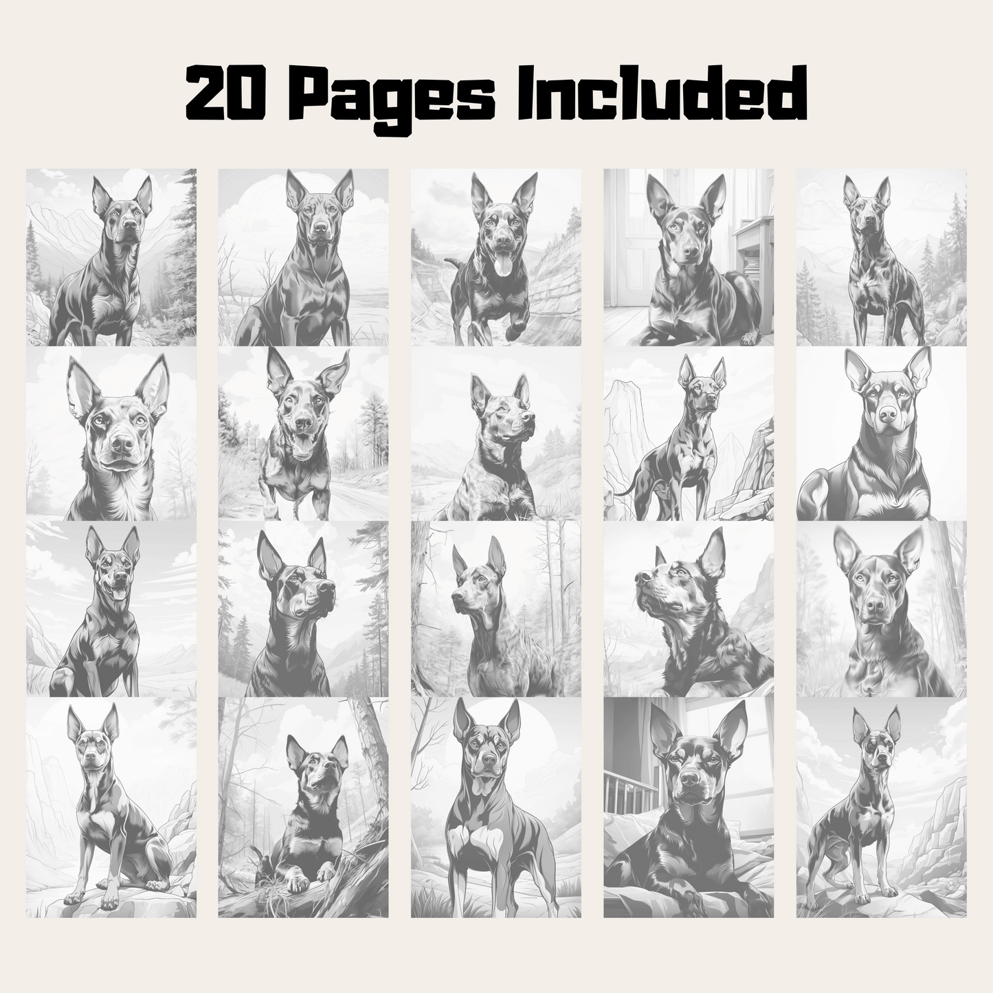Realistic Doberman Pinscher Coloring Book, 20 Dogs Grayscale Coloring Pages