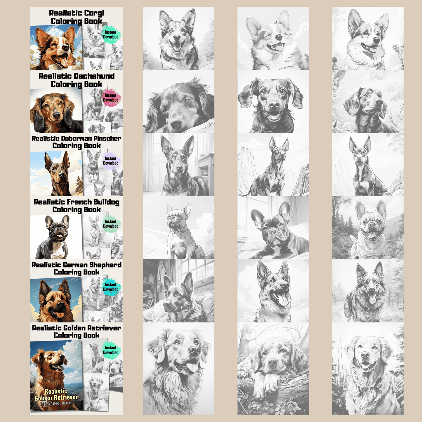 Realistic Dogs Coloring Book Bundle, 400 Dogs Grayscale Coloring Pages for All Ages