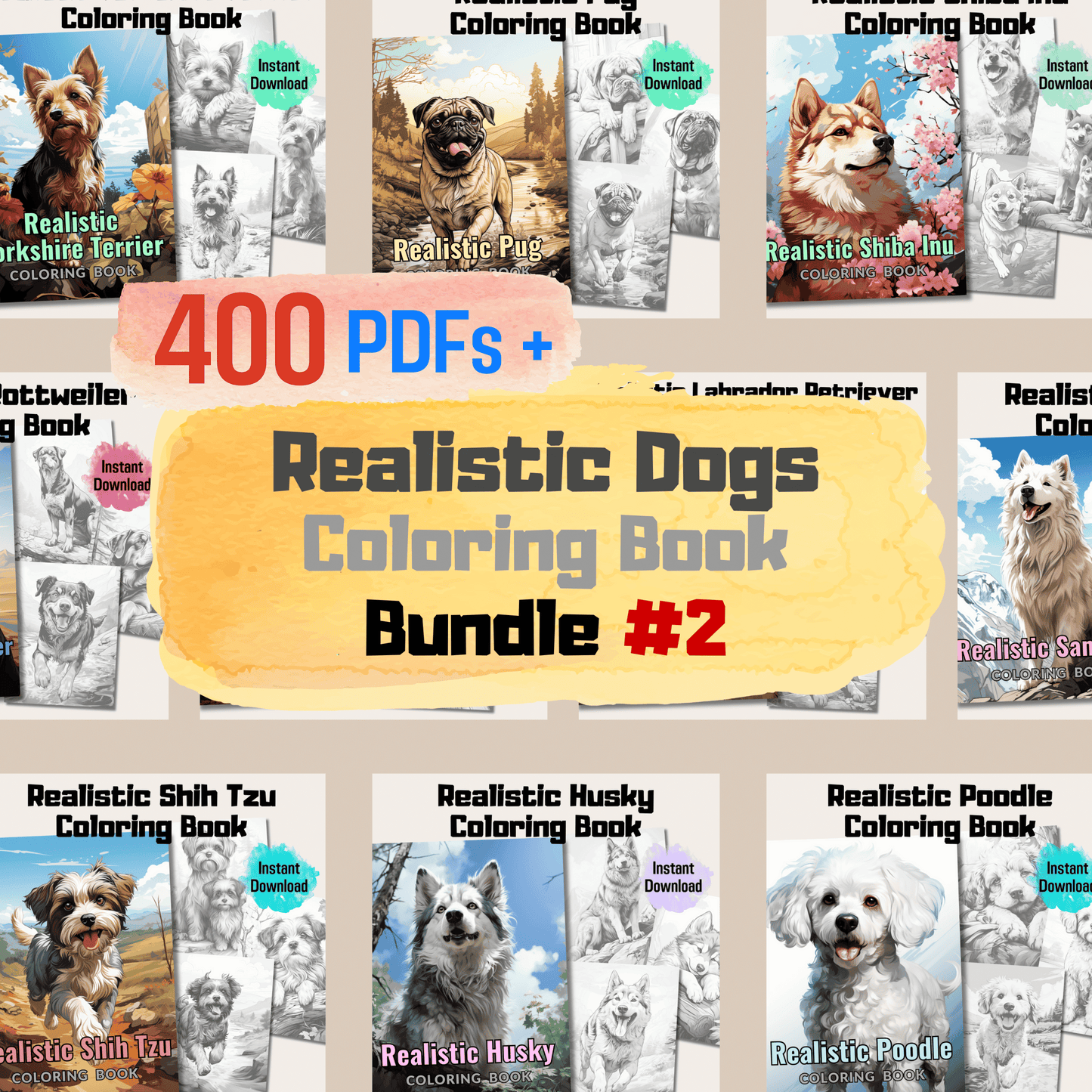 400 Pages Realistic Dogs Coloring Book Bundle, Canine Art for Relaxation and Creativity