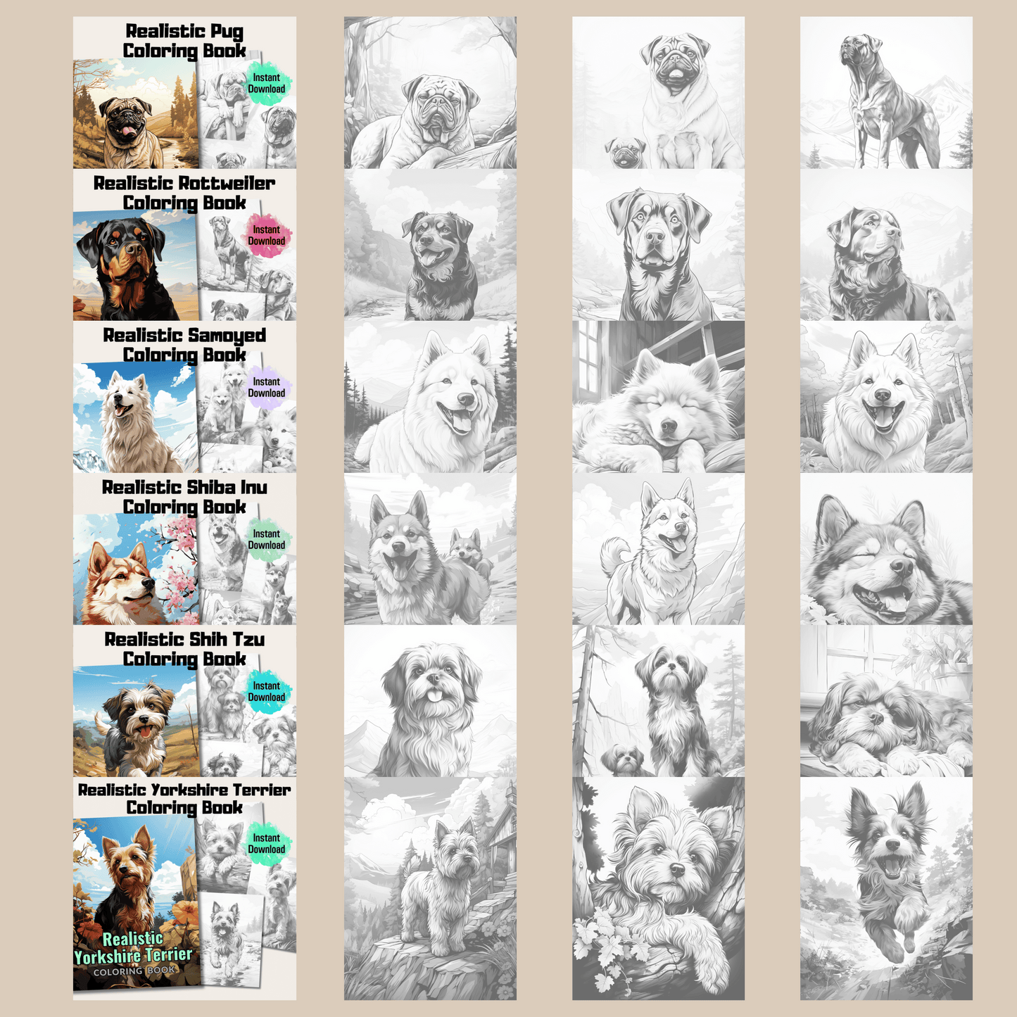 400 Pages Realistic Dogs Coloring Book Bundle, Canine Art for Relaxation and Creativity