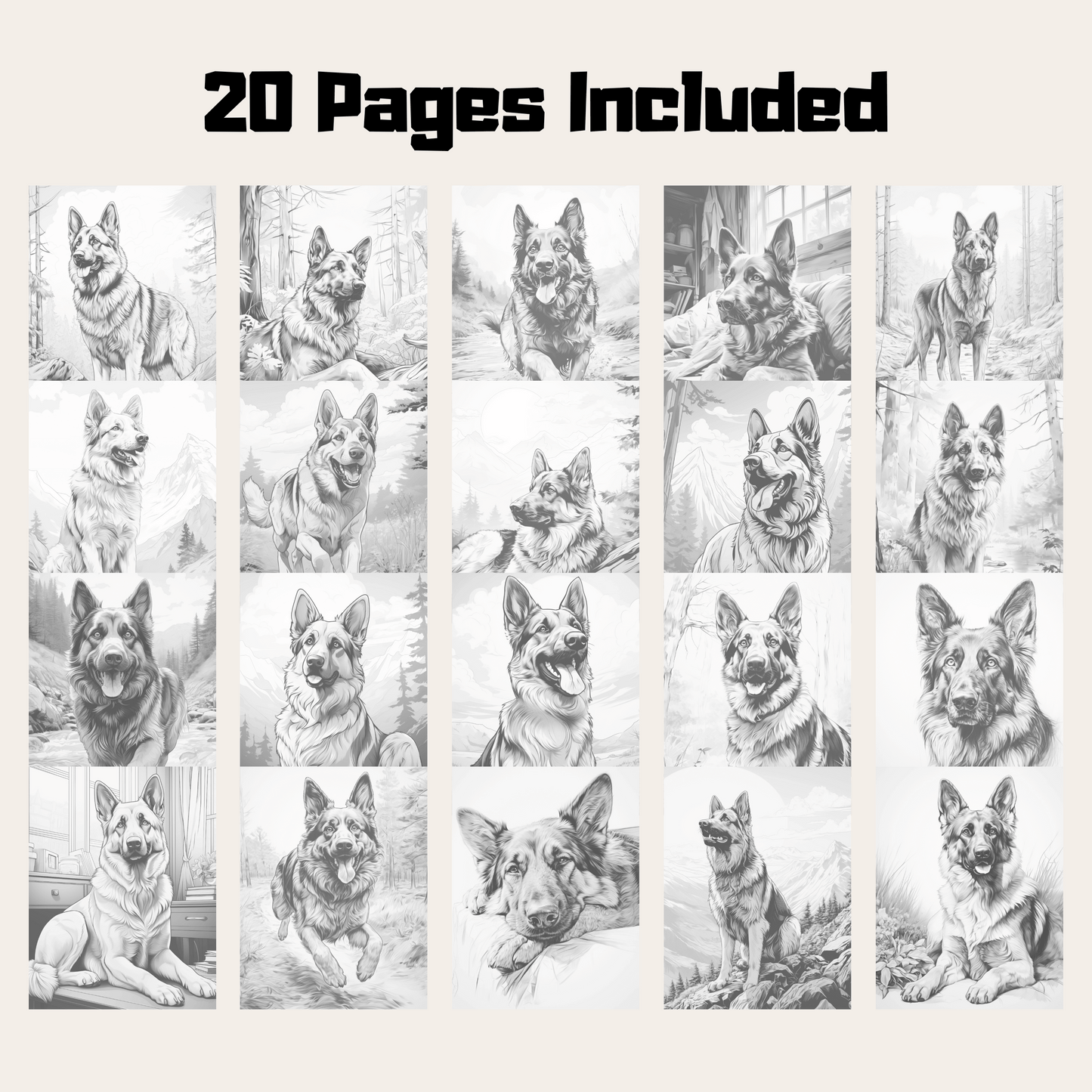 Realistic German Shepherd Coloring Book, 20 Dogs Grayscale Coloring Pages
