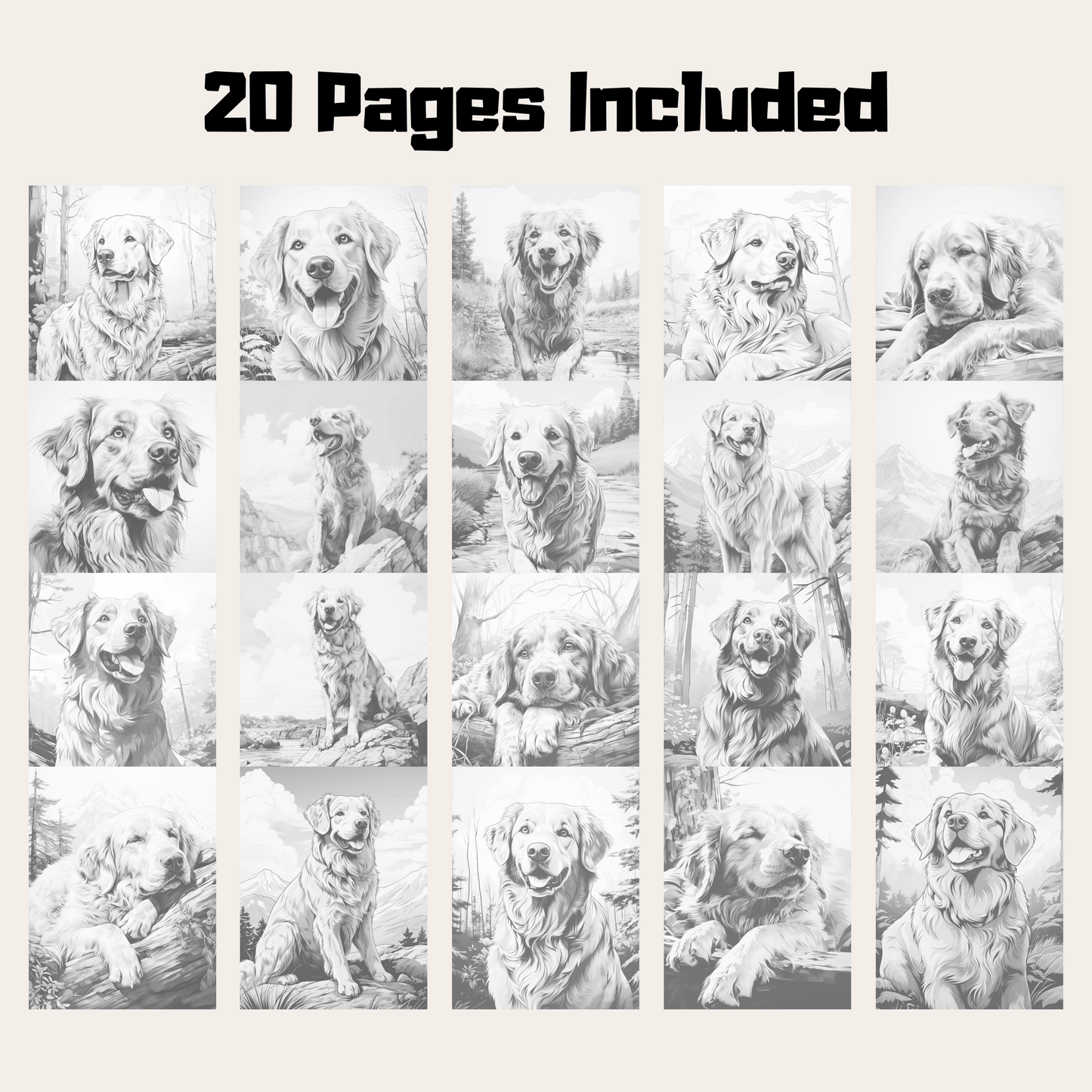 Realistic Golden Retriever Coloring Book, 20 Golden Retriever Grayscale Coloring Pages
