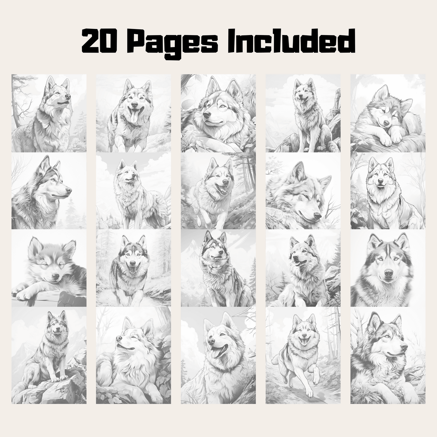 Realistic Husky Coloring Book, 20 Siberian Husky Grayscale Coloring Pages for All Ages