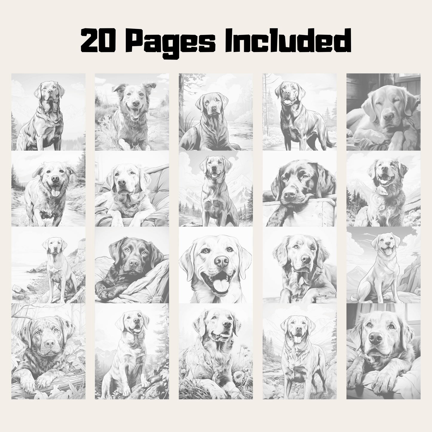 Realistic Labrador Retriever Coloring Book, 20 Dogs Grayscale Coloring Pages