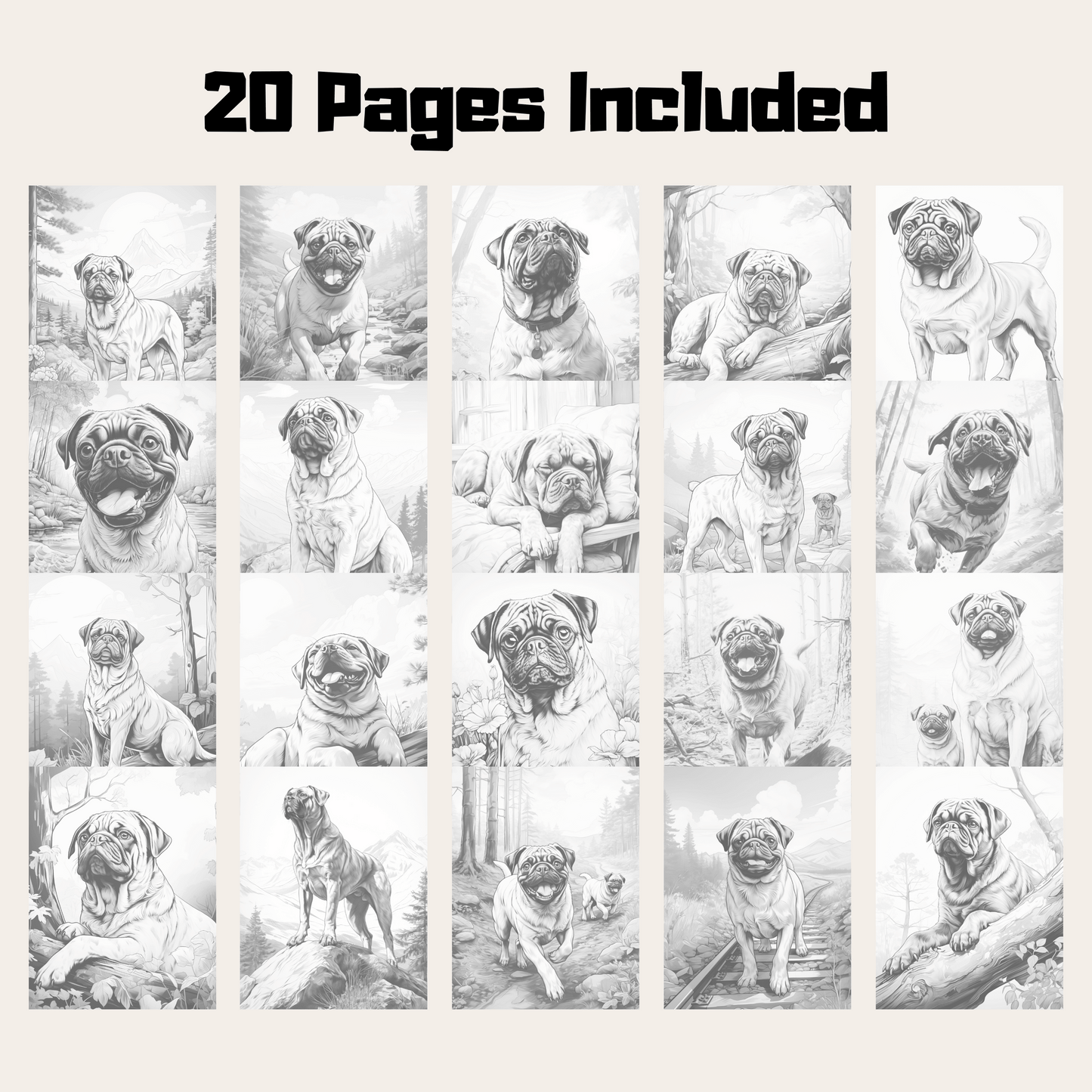 Realistic Pug Coloring Book, 20 Pugs Grayscale Coloring Pages for All Ages