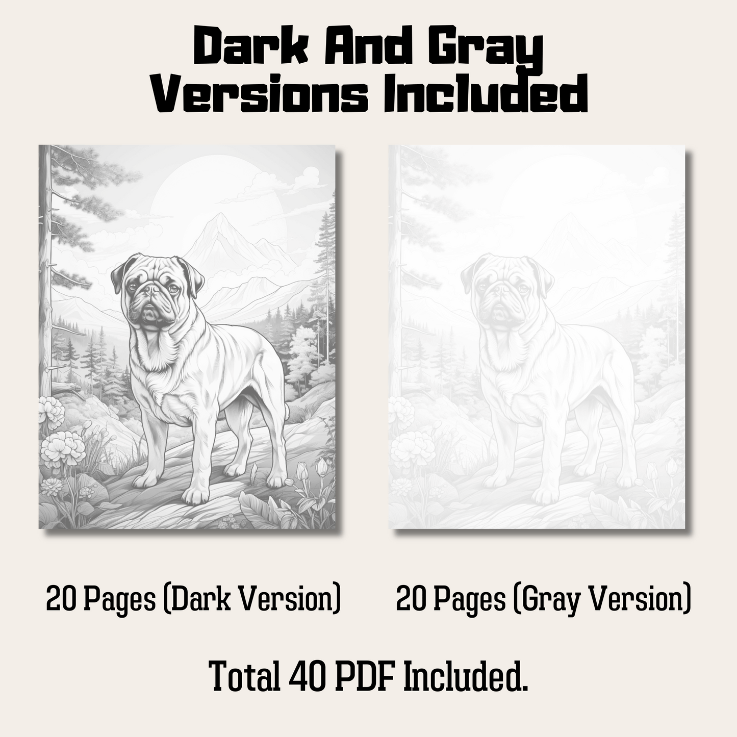 Realistic Pug Coloring Book, 20 Pugs Grayscale Coloring Pages for All Ages