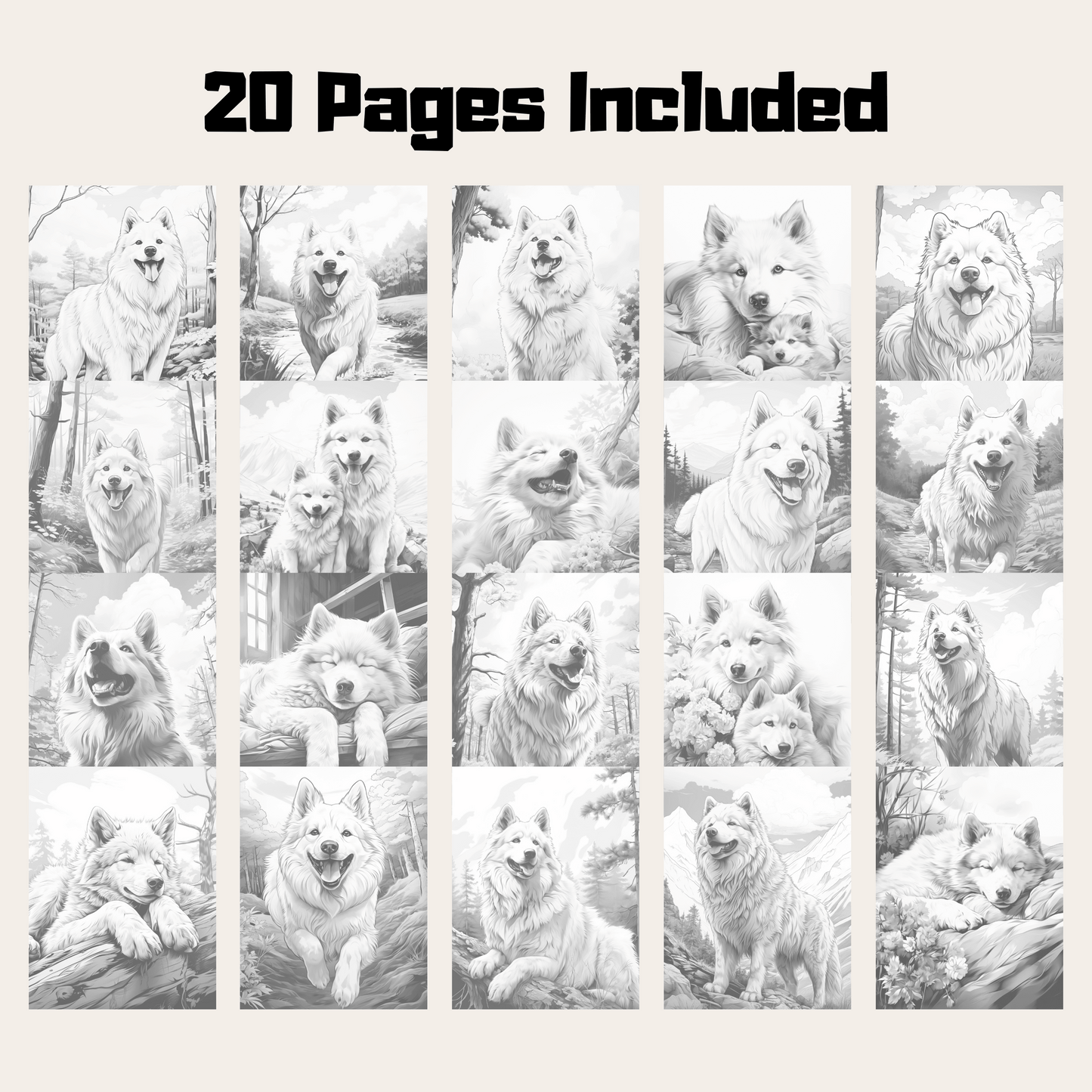 Realistic Samoyed Coloring Book, Samoyed Grayscale Coloring Pages