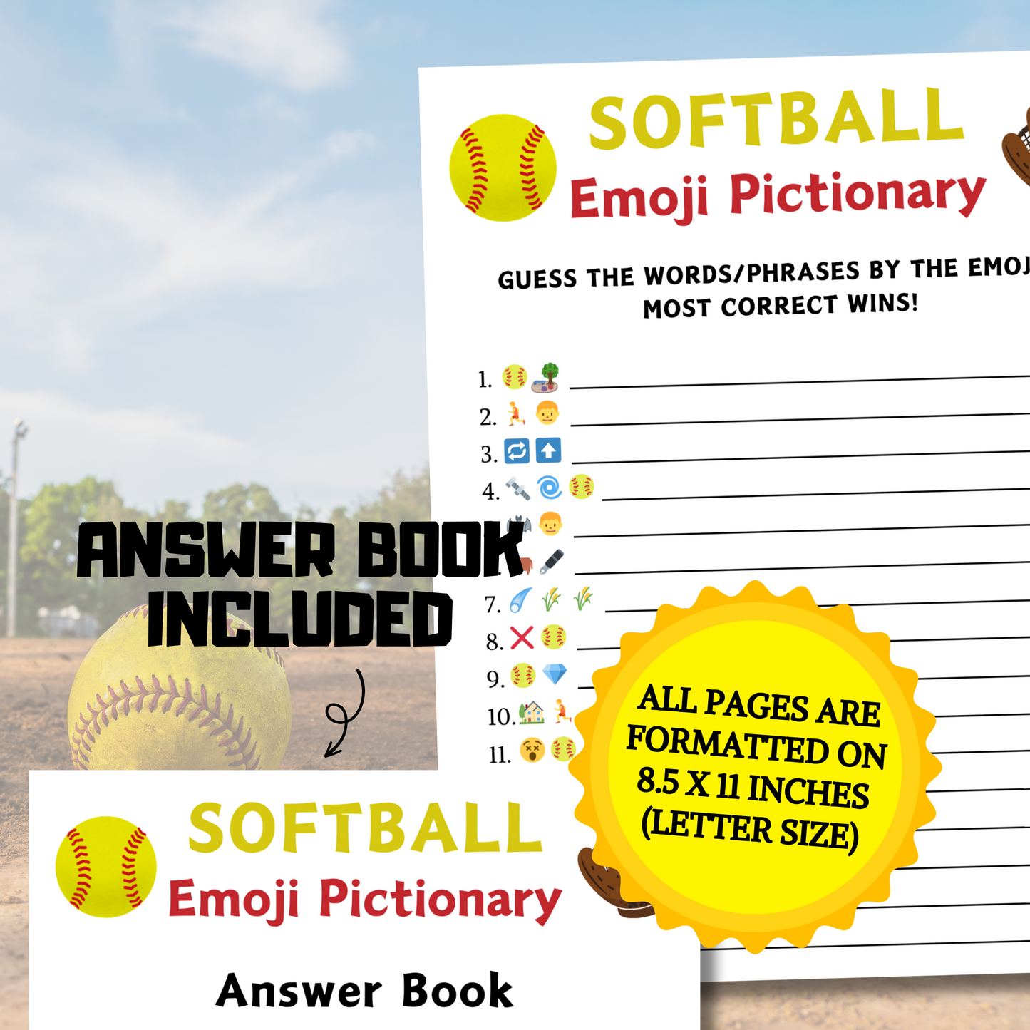 Softball Emoji Pictionary Game | Printable Softball Emoji Game