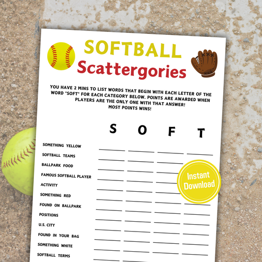 Softball Scattergories Game | Minimalist Softball Team Think Fast Game