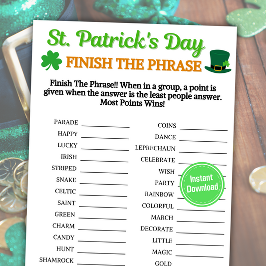 St. Patrick's Day Finish The Phrase Game | Printable St. Patty's Day Think Fast Game