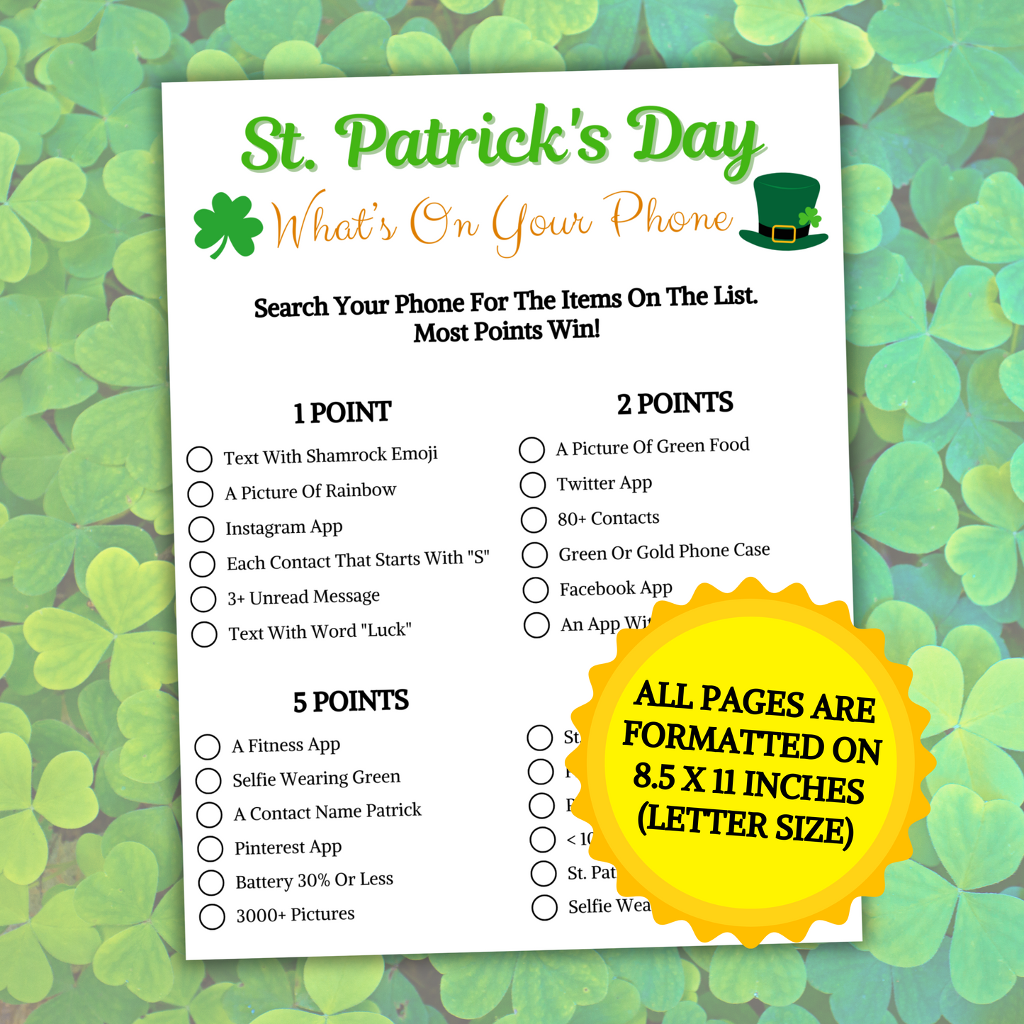 St. Patrick's Day What's On Your Phone Game | Printable St. Patty's Phone Match Game