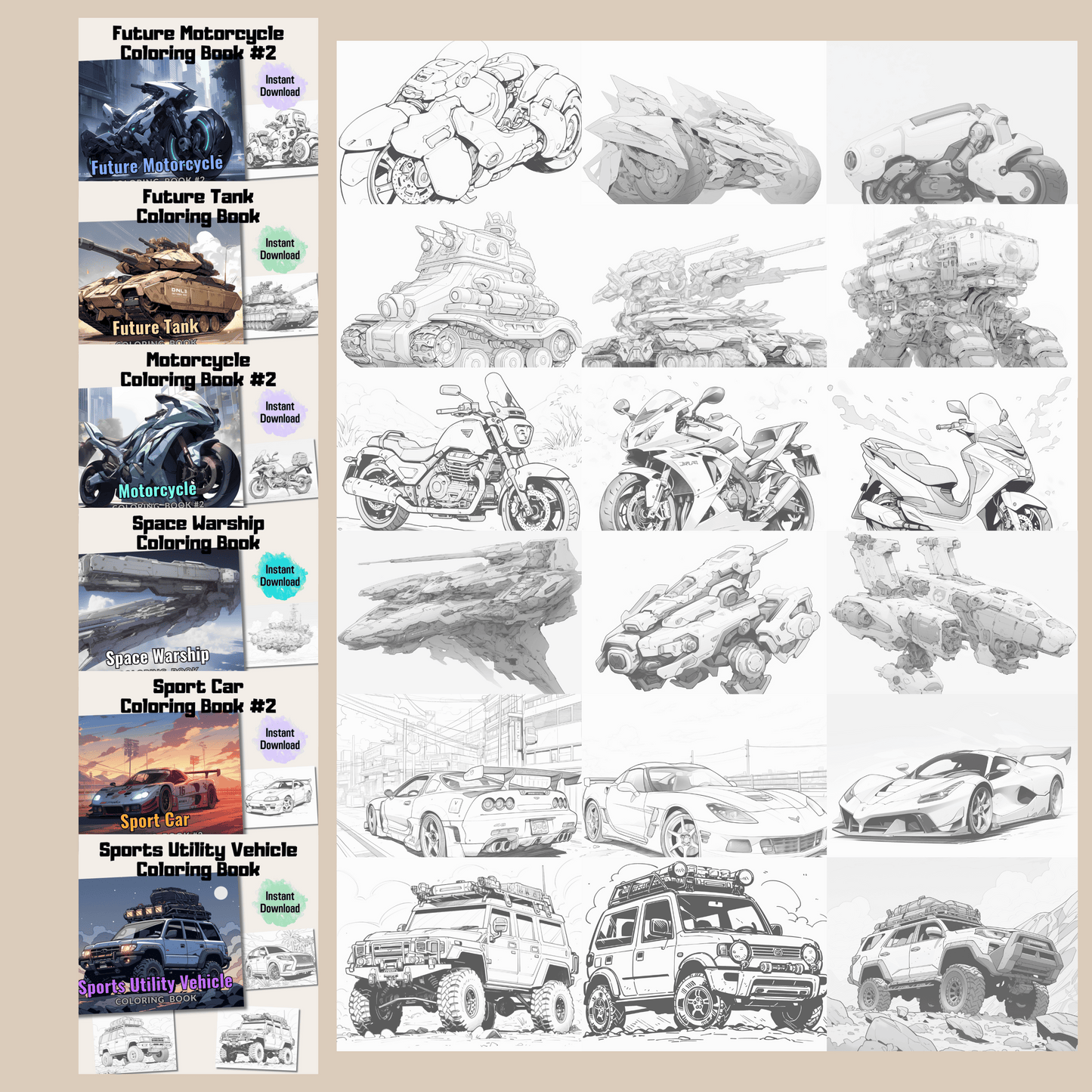 Transport Coloring Book Bundle, Vehicles Coloring Pages for All Ages