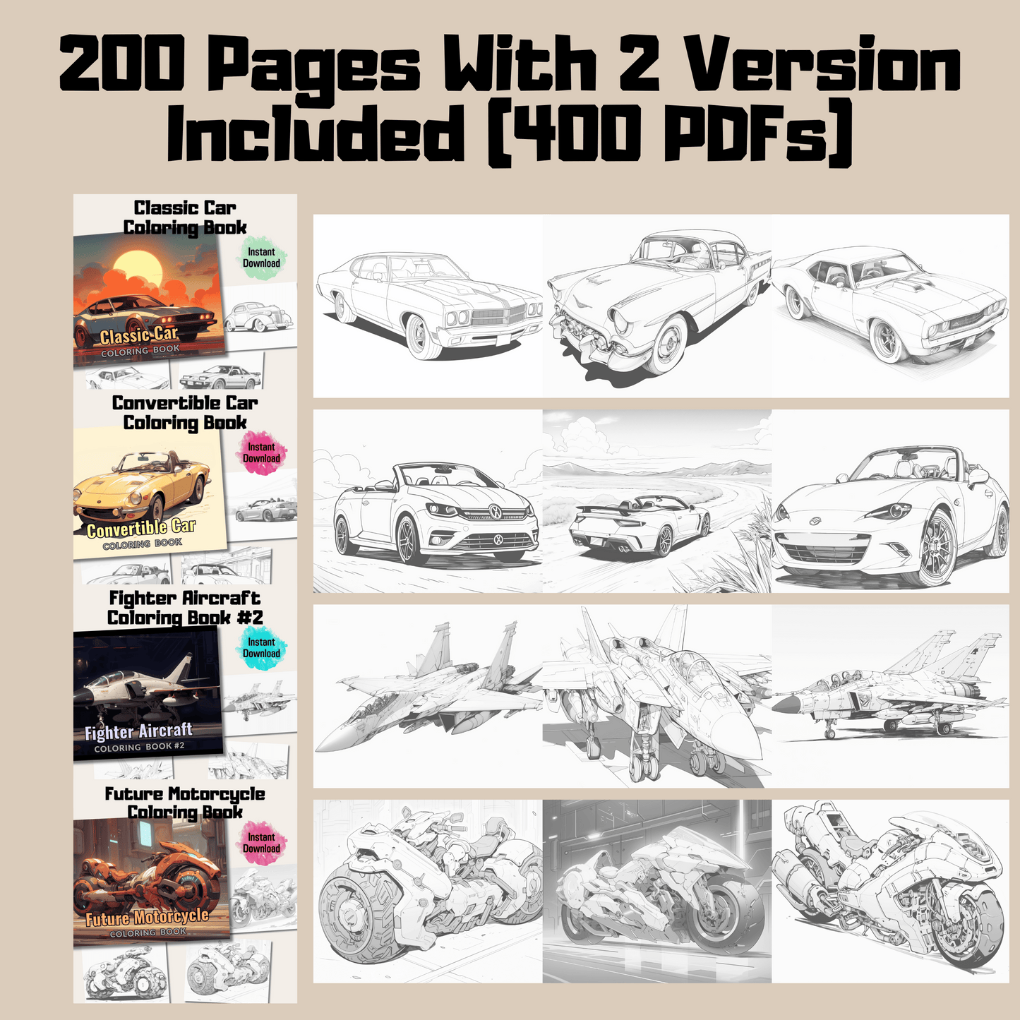 Epic Transport Coloring Book Bundle, 400 Pages High Quality Illustrations PDF