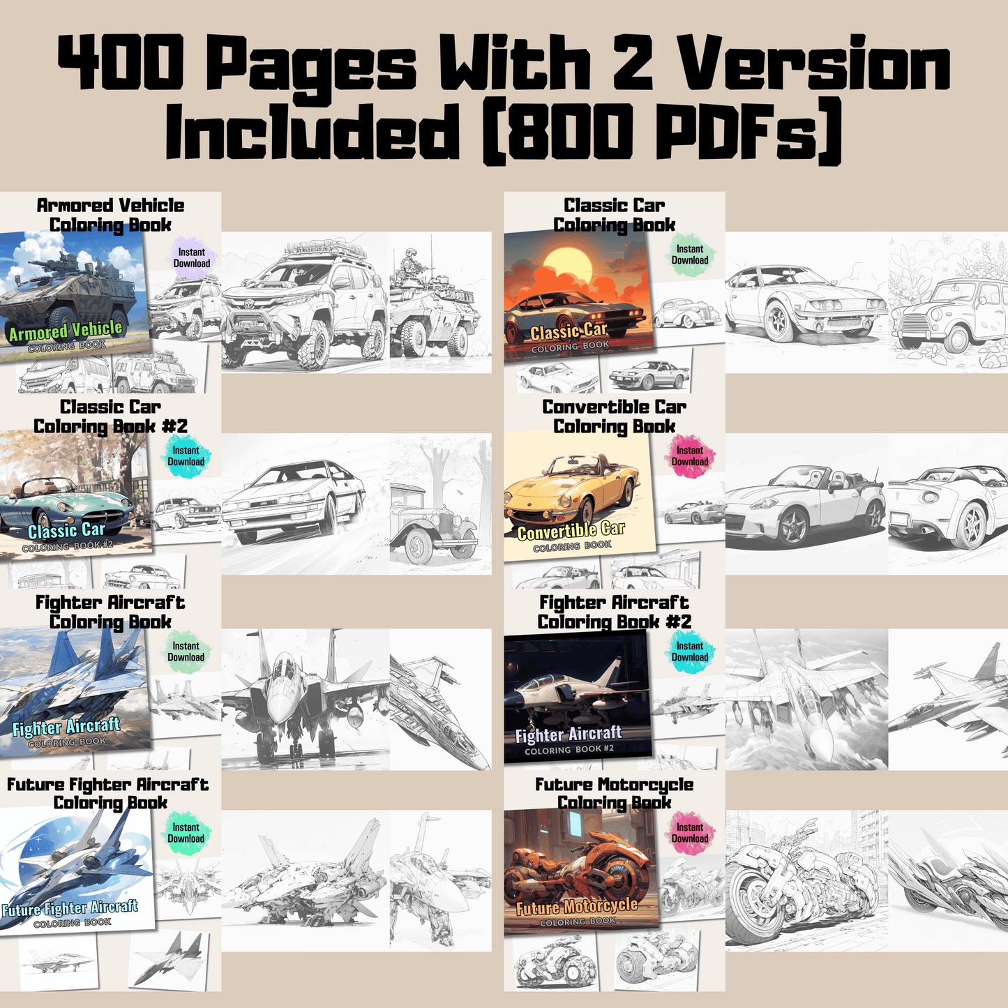 Ultimate Transport Coloring Book Mega Bundle, 800 Pages Detailed Illustrations + 20 Cover