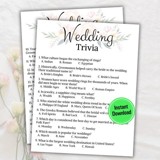 Wedding Trivia Game | Printable Bridal Shower Trivia Quiz