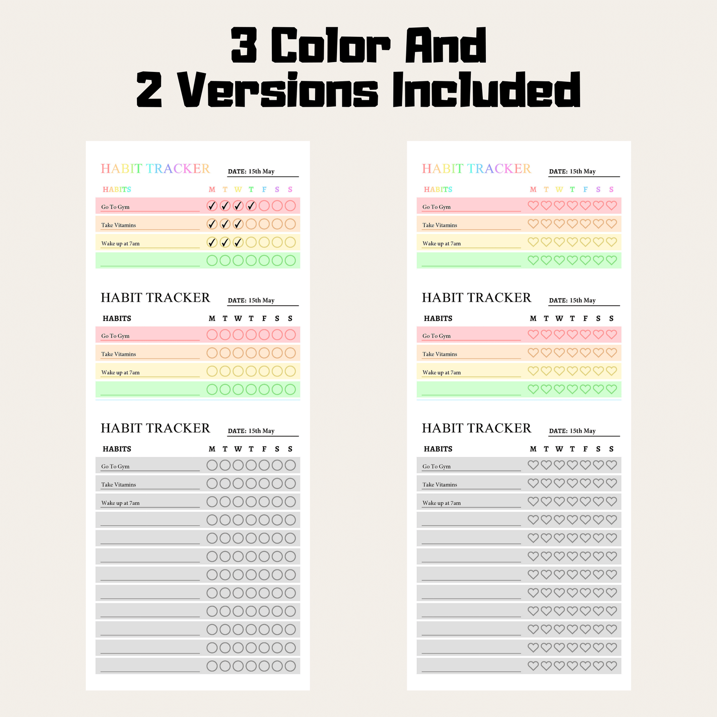 Weekly Habit Tracker 1: Rainbow Color 3 Color and 2 Versions Included