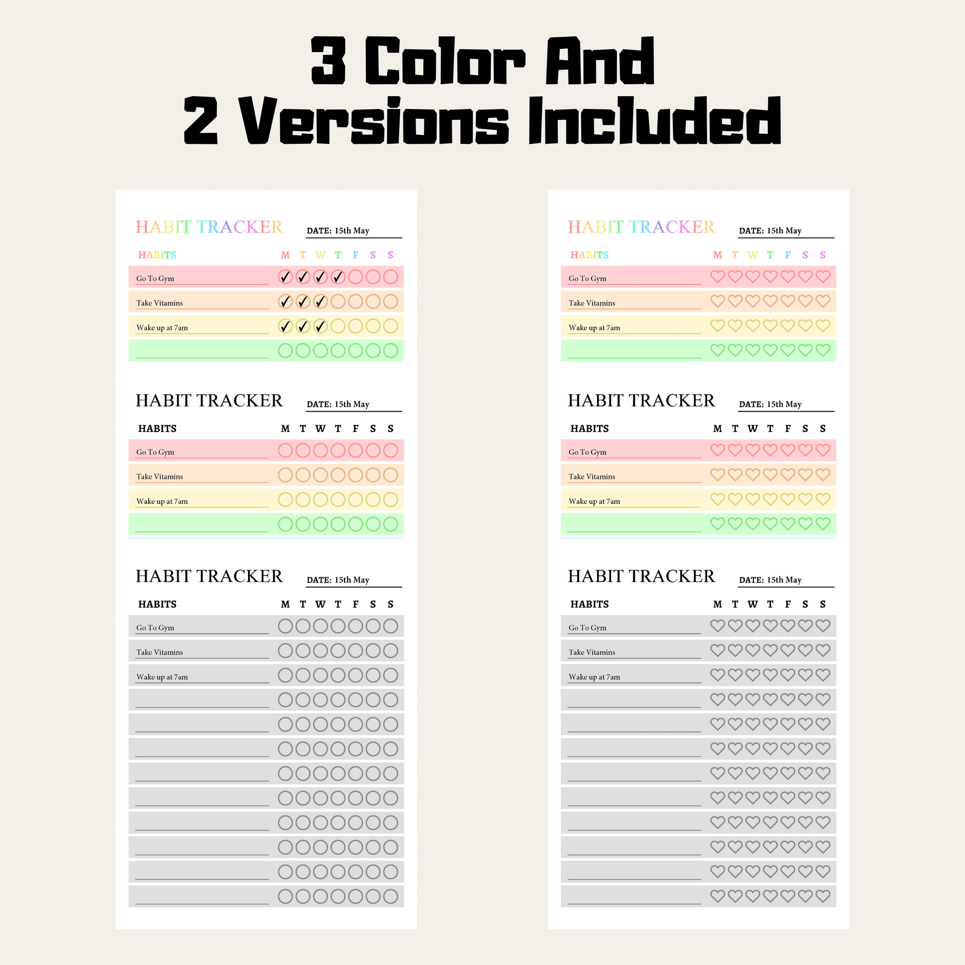 Weekly Habit Tracker 1: Rainbow Color 3 Color and 2 Versions Included