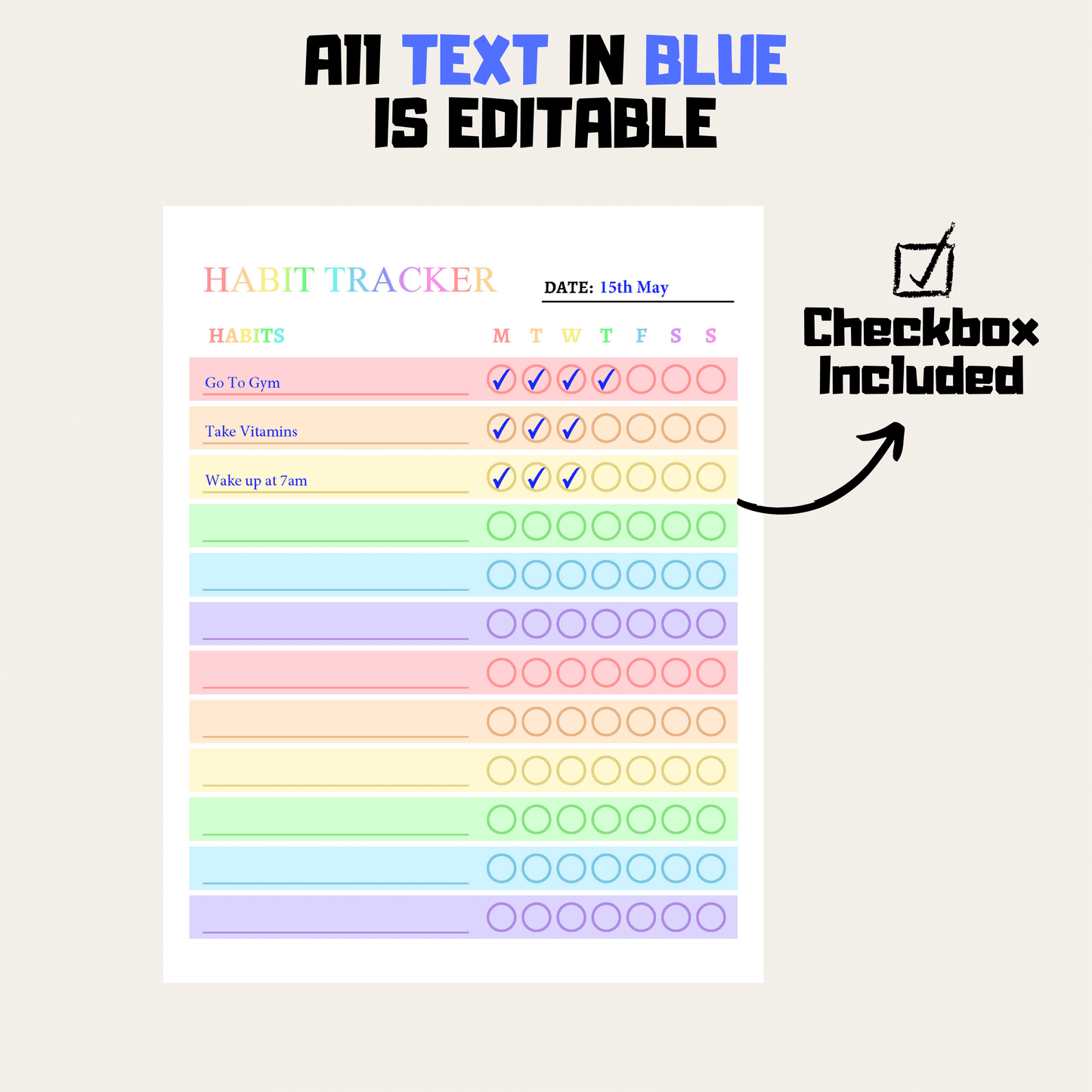 Weekly Habit Tracker 1: Rainbow Color Editable Demo Display