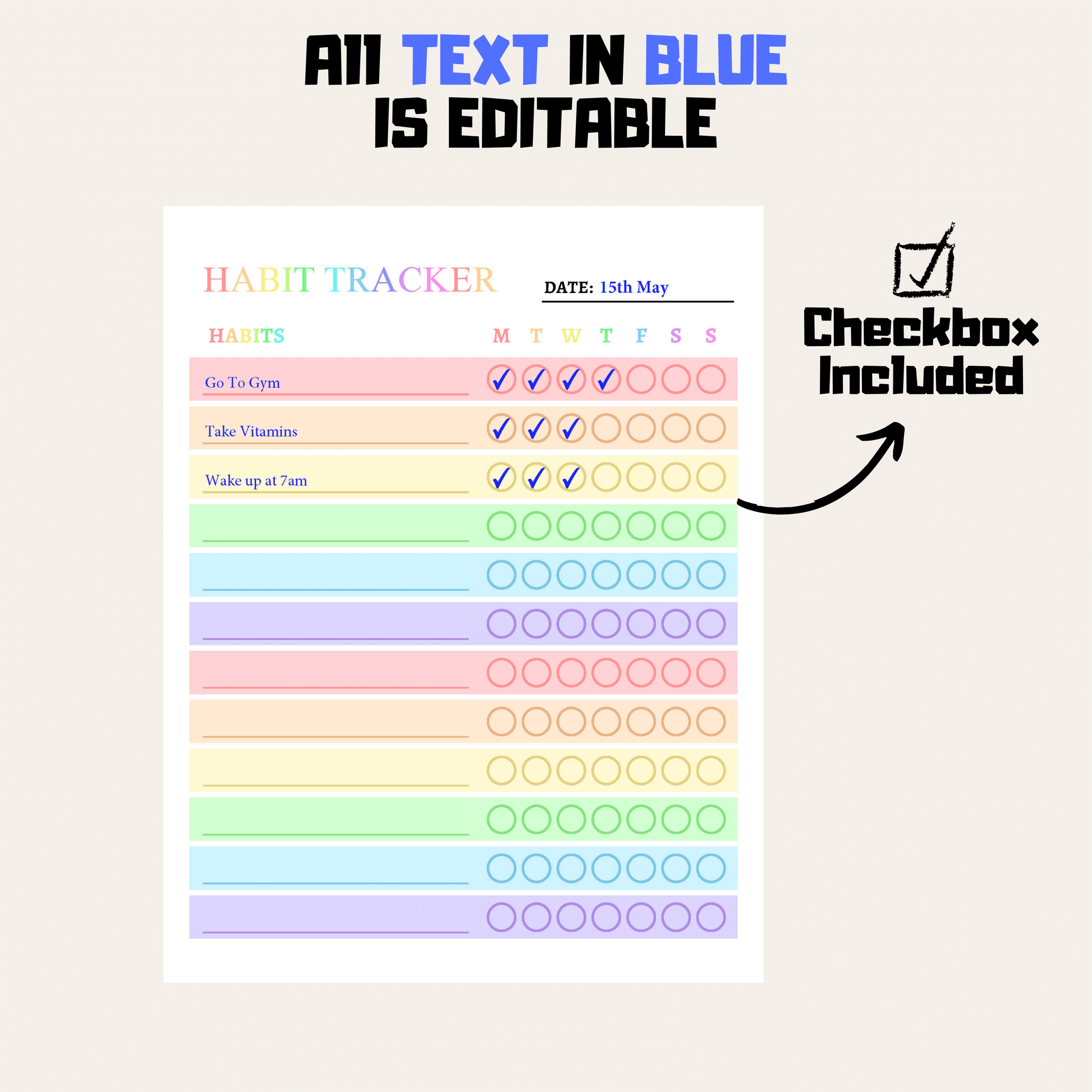 Weekly Habit Tracker 1: Rainbow Color Editable Demo Display