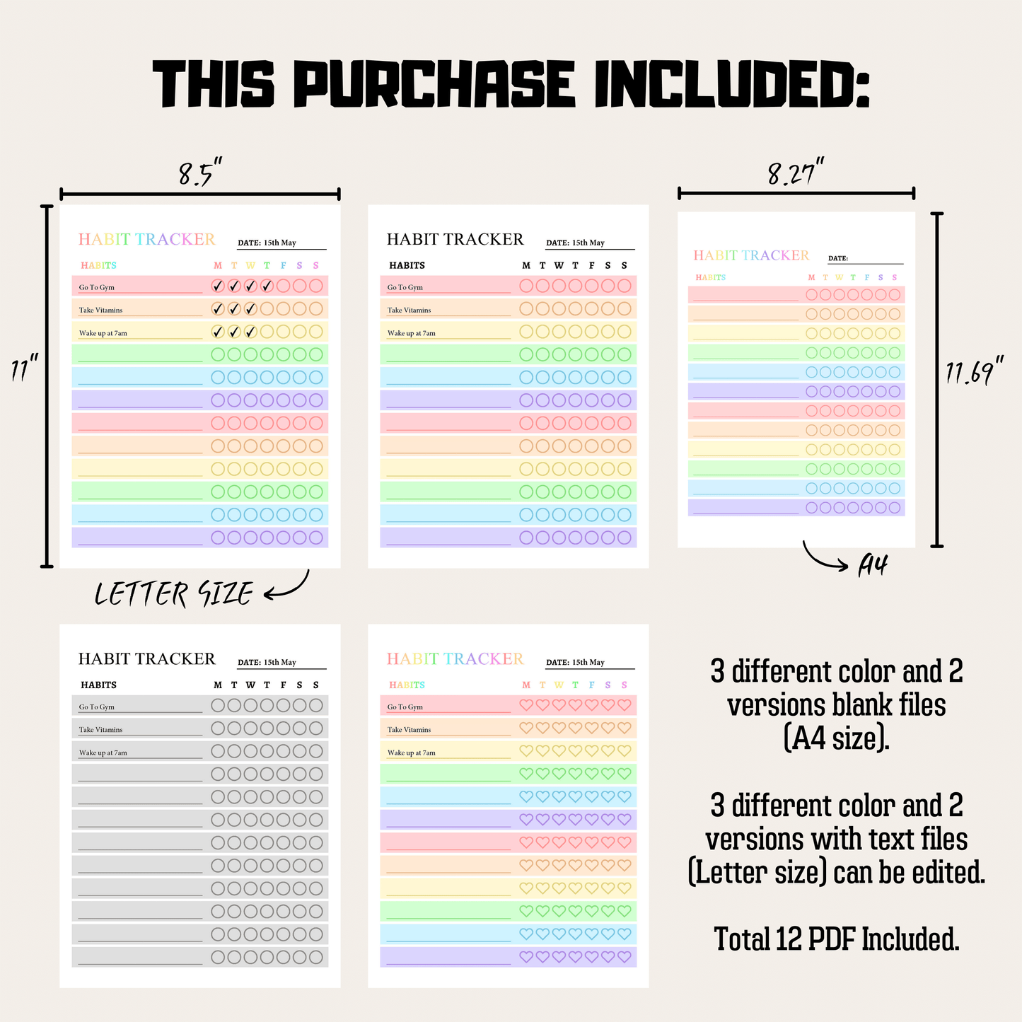 Weekly Habit Tracker 1: Rainbow Color Product Information Details And Print Out Size Demo