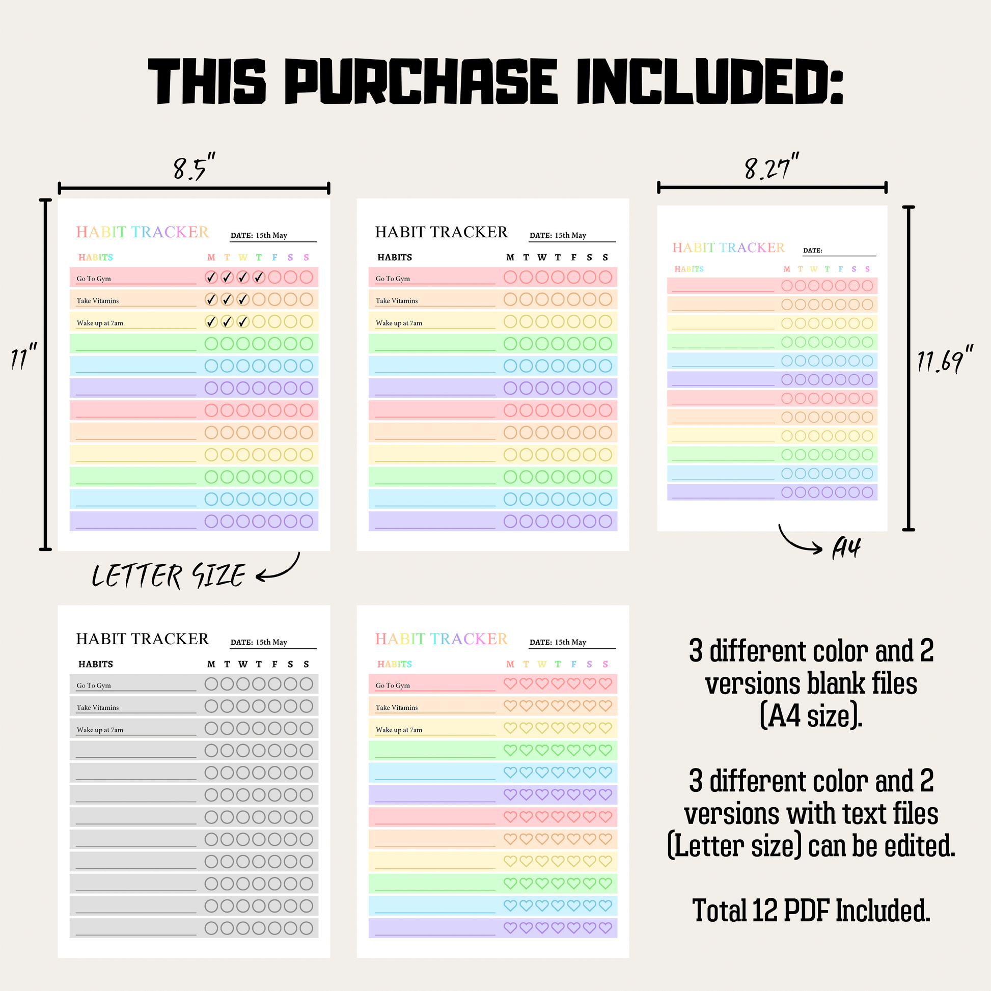 Weekly Habit Tracker 1: Rainbow Color Product Information Details And Print Out Size Demo