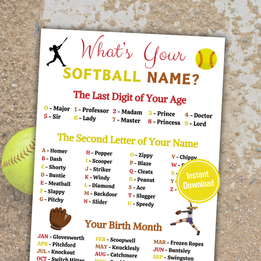 What's Your Softball Name Game | Printable Softball Name Generator
