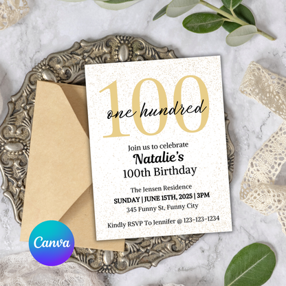 100th Birthday Invitation | Editable 100th Birthday Party Invite