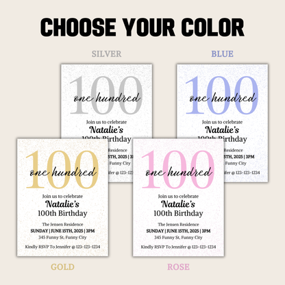 100th Birthday Invitation | Editable 100th Birthday Party Invite
