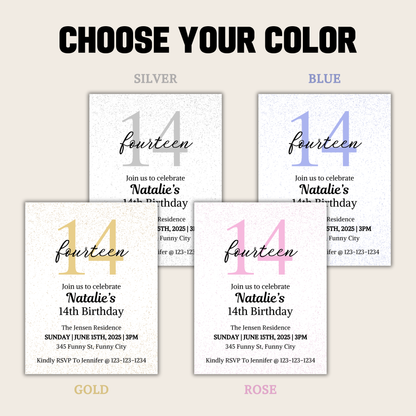 14th Birthday Invitation | Editable 14th Birthday Party Invite